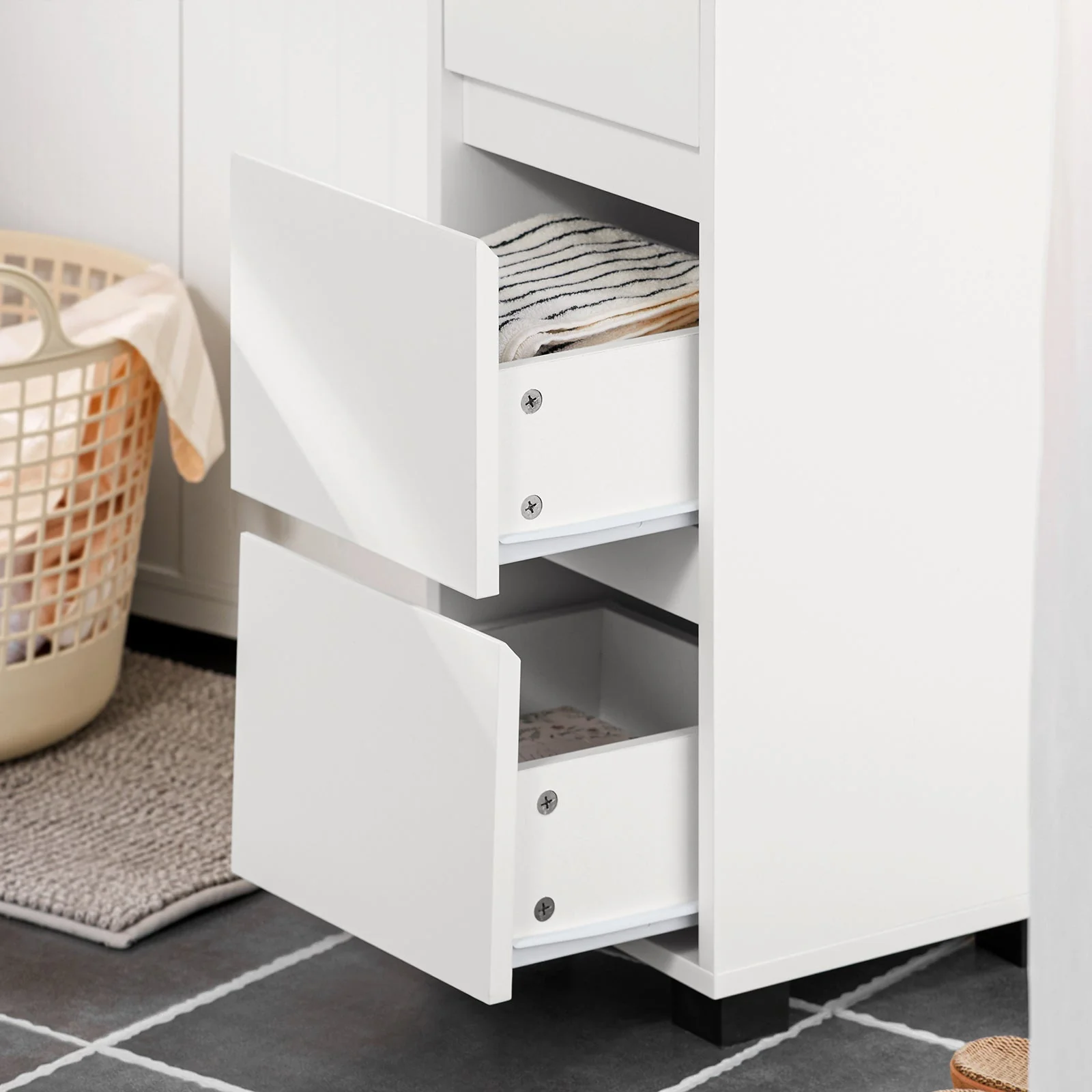 SoBuy BZR29-W Badkamerkast Badkamermeubel Kolomkasten met 3 Lades 1 Handdoekstang en 4 Vakken - Image 10