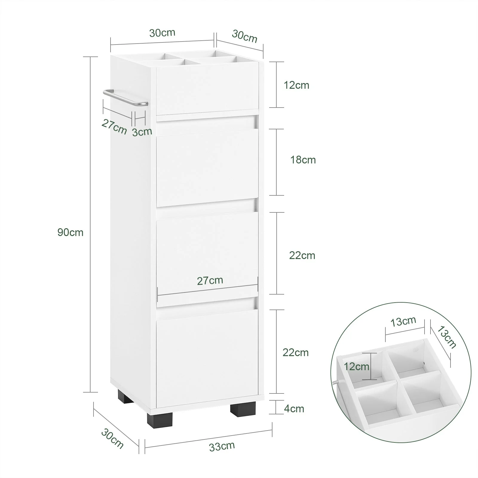 SoBuy BZR29-W Badkamerkast Badkamermeubel Kolomkasten met 3 Lades 1 Handdoekstang en 4 Vakken - Image 5