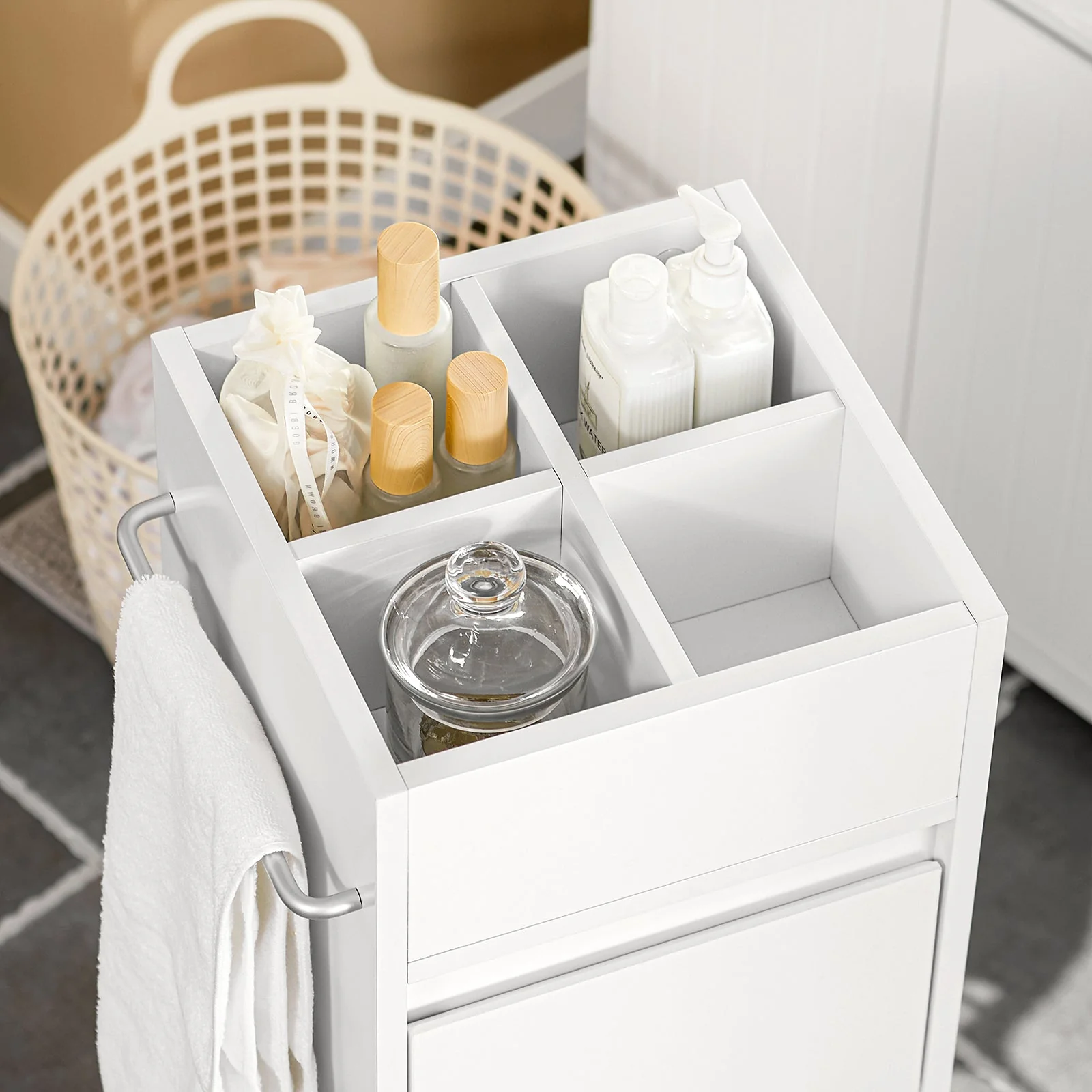 SoBuy BZR29-W Badkamerkast Badkamermeubel Kolomkasten met 3 Lades 1 Handdoekstang en 4 Vakken - Image 6