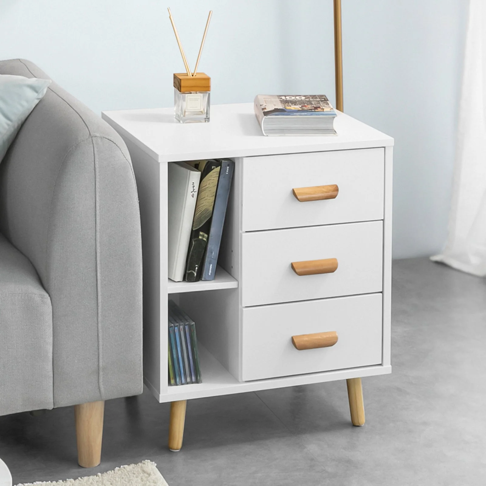 SoBuy FBT95-W Side Table End of Sofa Nachtkastje Nachtkastje met 3 lades en 2 opbergplanken - Image 3