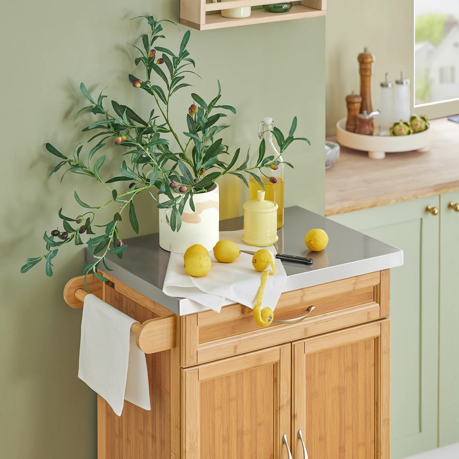 SoBuy FKW13-N Keukentrolley met RVS Werkblad en Bamboe Opbergruimte – Mobiele Keukenwagen met Lade en Kast 66x92x46 cm - Image 9