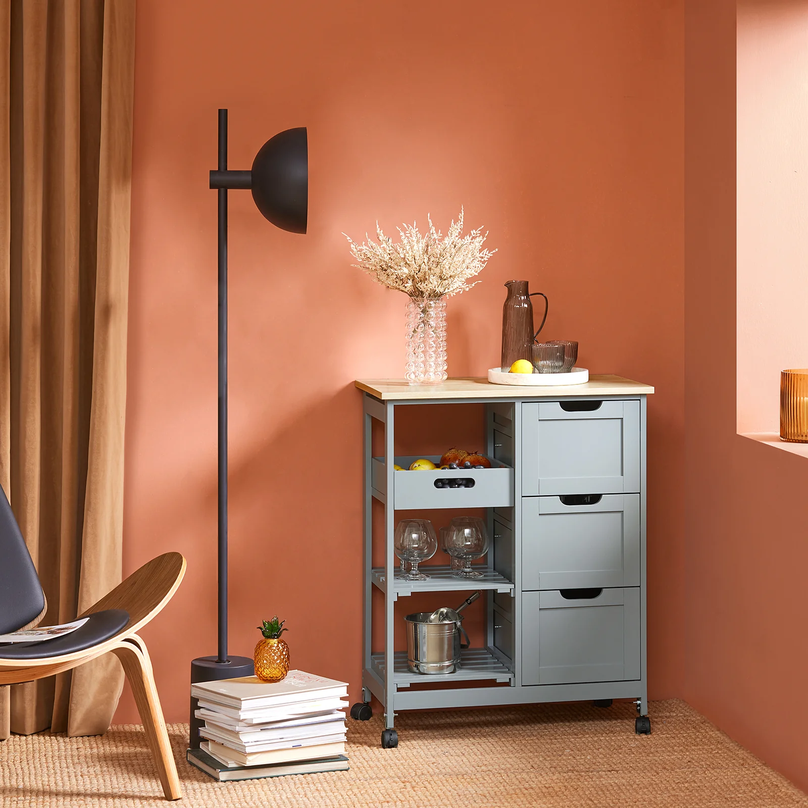 SoBuy FKW79-HG Keukenkast op Wieltjes, Keuken Desserte met 3 Laden en 1 Verstelbaar Rek, Keukenopbergrek, L68xB38xH85cm, Grijs - Image 3