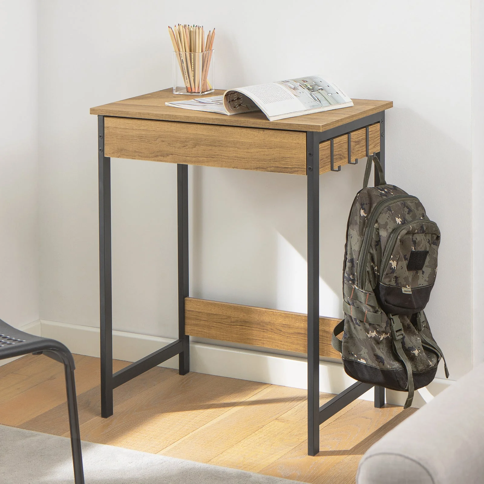 SoBuy FWT43-N Compact Bureau met Lade en Haken – Multifunctioneel Computerbureau met Opbergrekken, Natuurlijke Houtkleur 60x40x77cm - Image 3