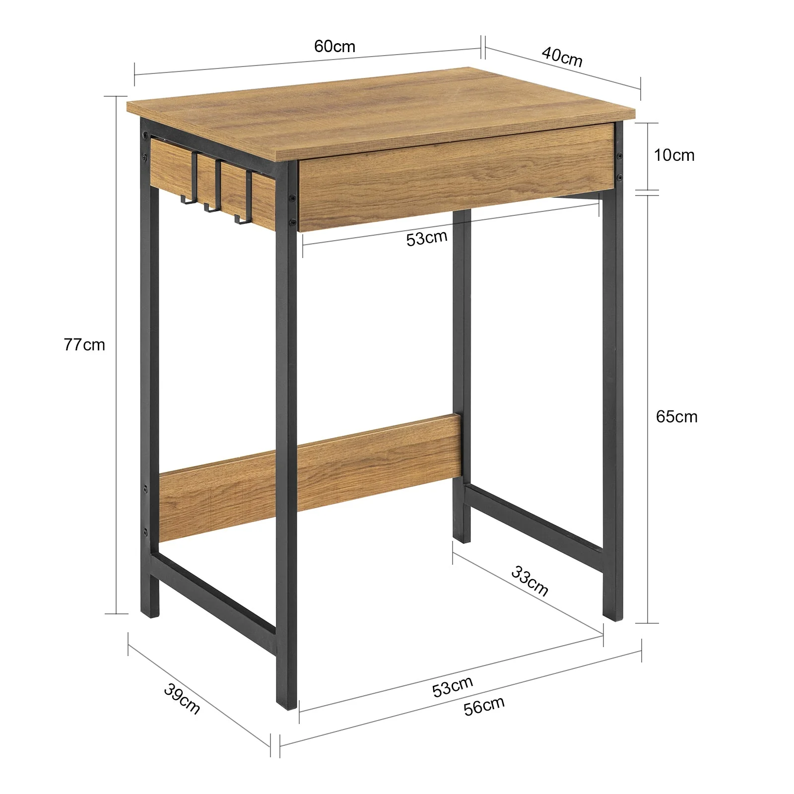 SoBuy FWT43-N Compact Bureau met Lade en Haken – Multifunctioneel Computerbureau met Opbergrekken, Natuurlijke Houtkleur 60x40x77cm - Image 4
