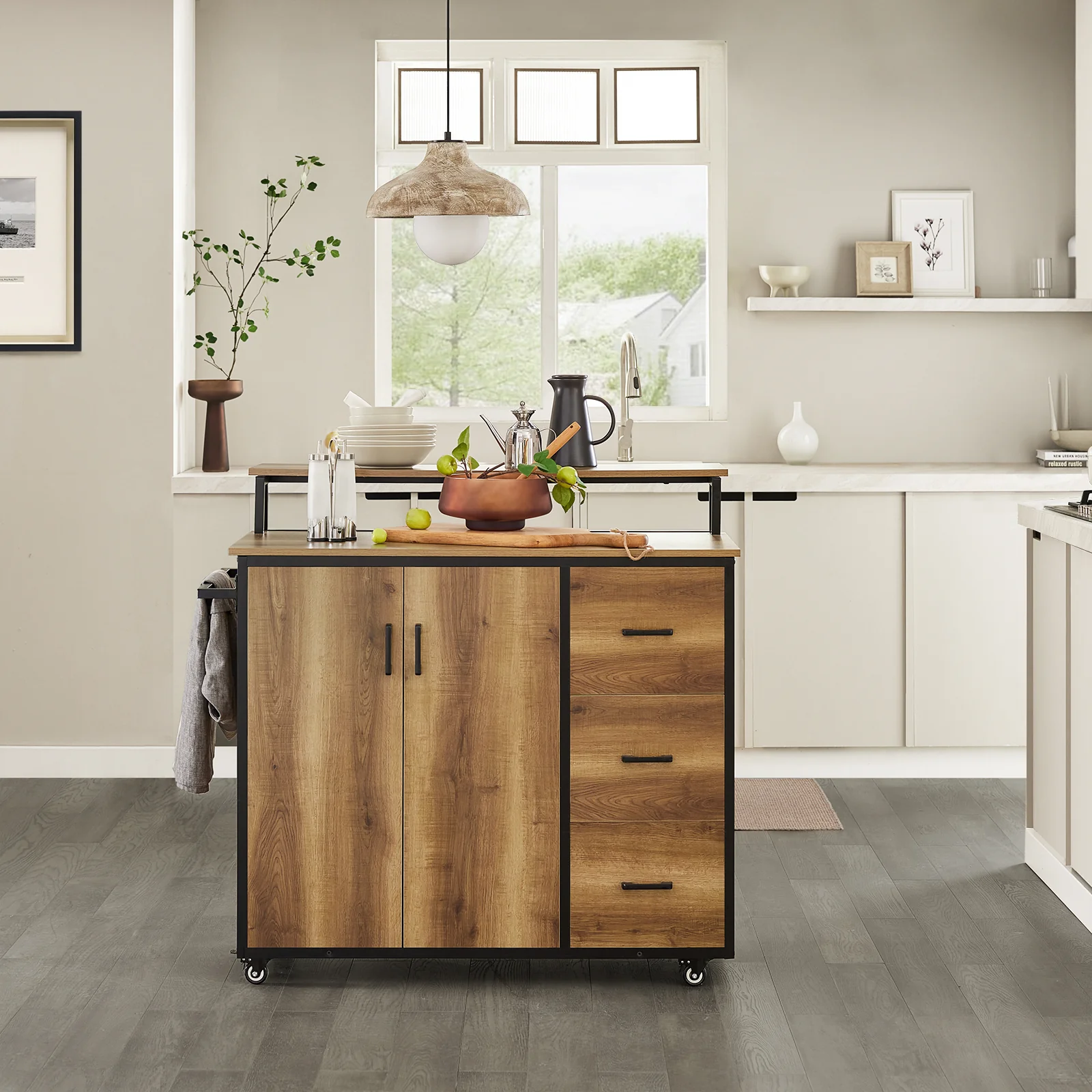 SoBuy KNL02-PF Keukeneiland met Opbergruimte – Keukenkast & Buffetkast op Wielen met 2 Deuren, 3 Lades, Handdoekhouder en Extra Plank (113x69x106 cm) - Image 2