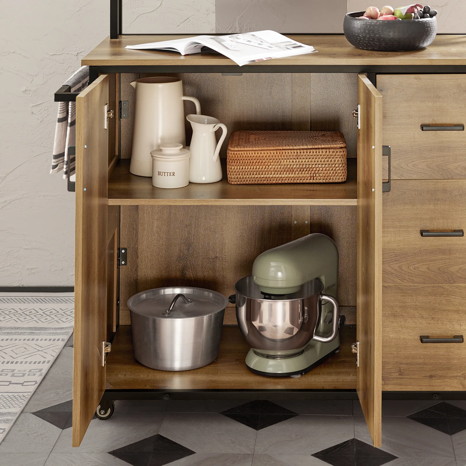 SoBuy KNL02-PF Keukeneiland met Opbergruimte – Keukenkast & Buffetkast op Wielen met 2 Deuren, 3 Lades, Handdoekhouder en Extra Plank (113x69x106 cm) - Image 6