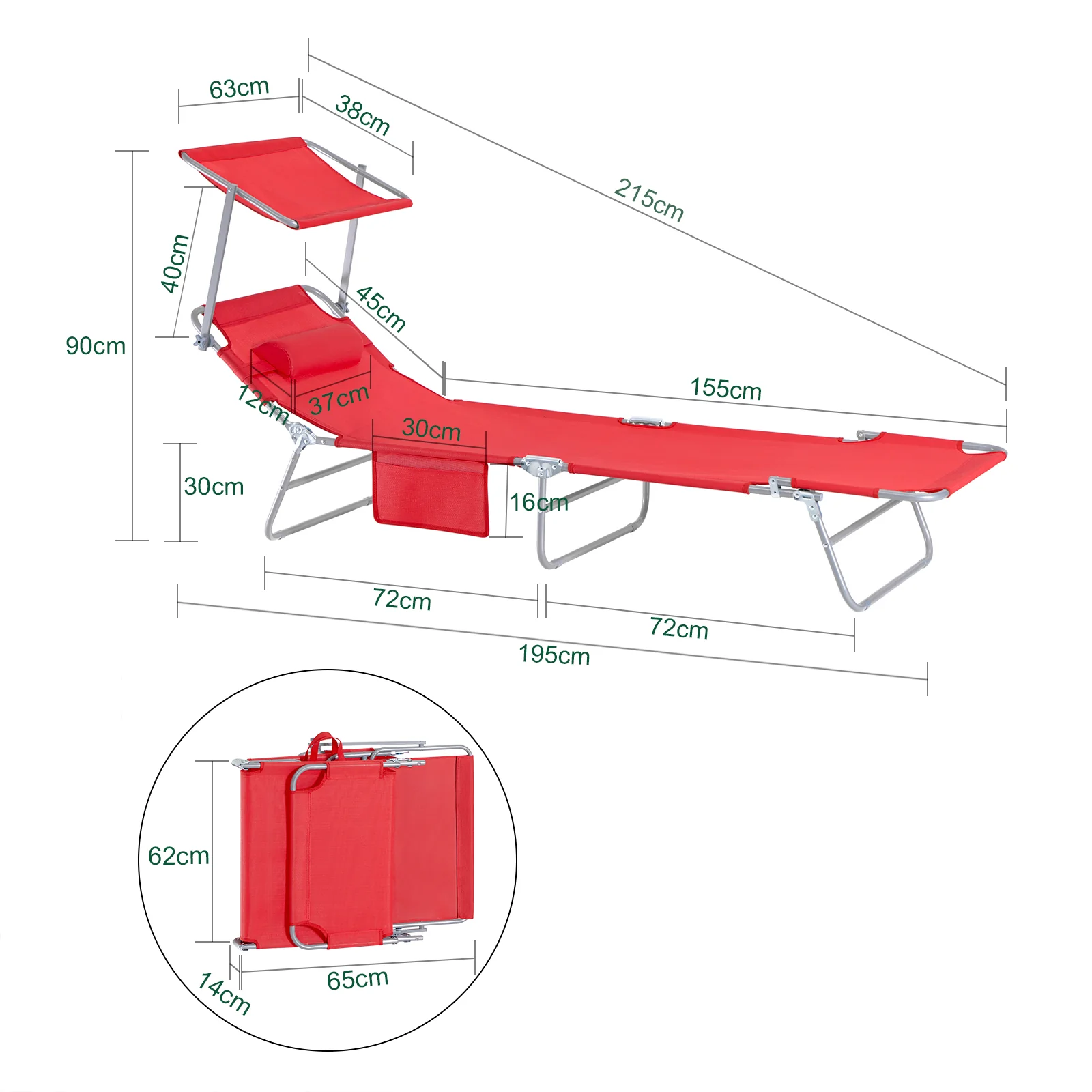 SoBuy Set van 2 Opvouwbare Ligstoelen, Verstelbare Lounge Stoelen met Luifel & 4 Standen - UV-Beschermende Zonnekap, Voor Zwembad, Camping en Buitenleven,Rood, OGS48-Rx2 - Image 4