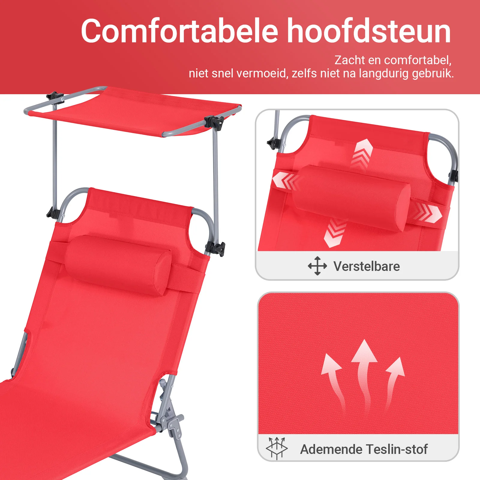SoBuy Set van 2 Opvouwbare Ligstoelen, Verstelbare Lounge Stoelen met Luifel & 4 Standen - UV-Beschermende Zonnekap, Voor Zwembad, Camping en Buitenleven,Rood, OGS48-Rx2 - Image 6