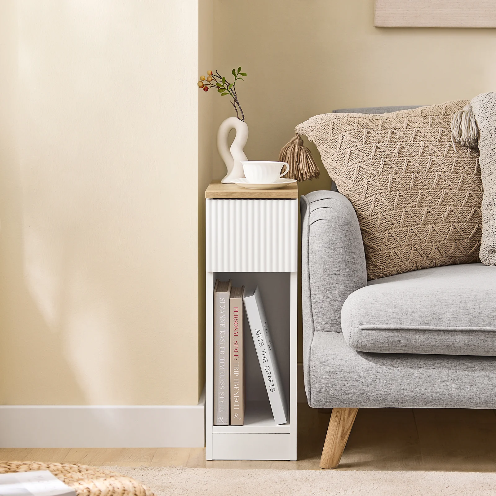 SoBuy FBT111-W Smalle en Fijne Nachtkastje met Lade en Plank – Nachtkastje voor Bed of Sofa – Opbergruimte voor Slaapkamer of Woonkamer, Wit L20 x B35 x H60 cm - Image 2