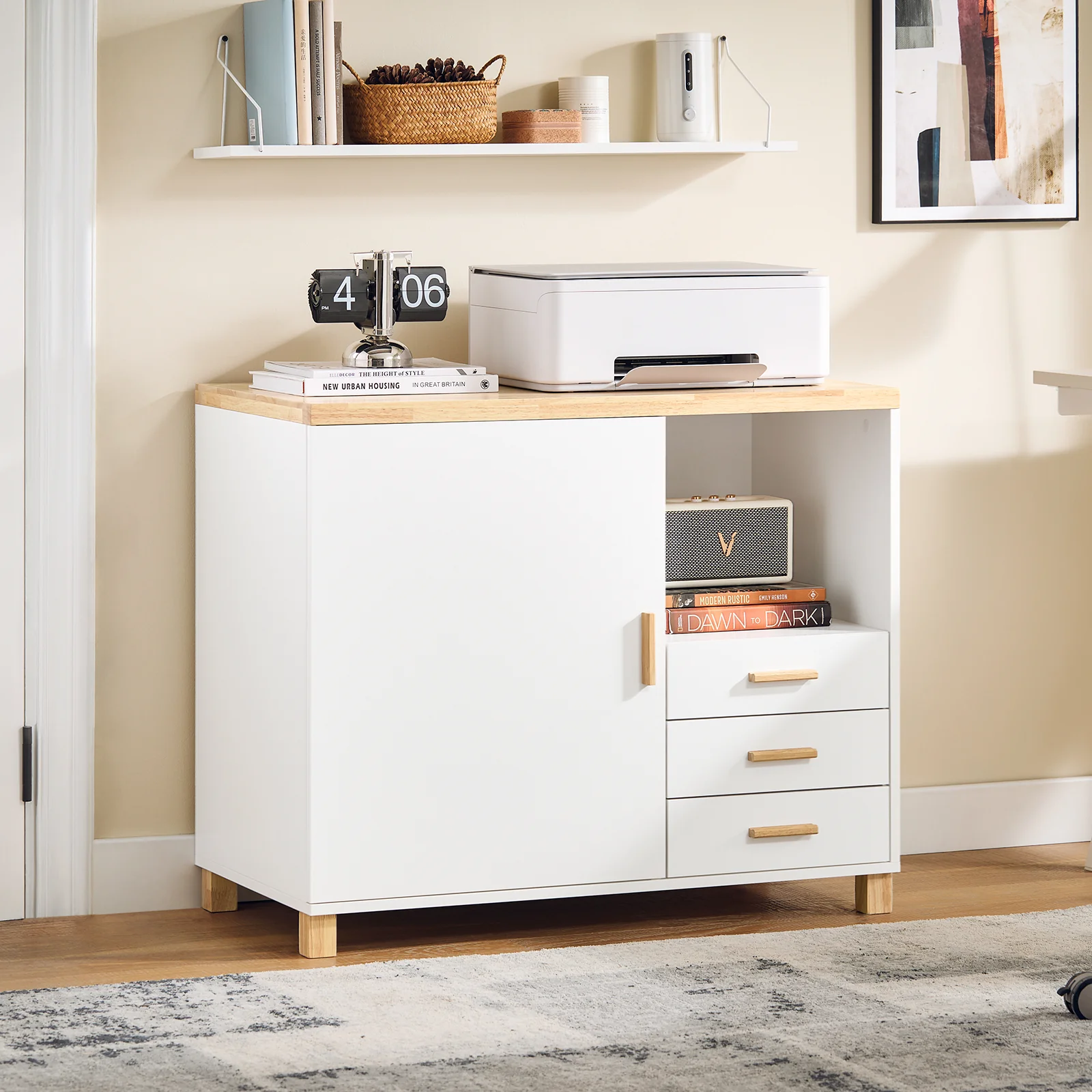 SoBuy ASK07-WN Bureau Ladekast met 3 Lades & Open Opbergvak – Printerstandaard en Bureau Opbergkast, Wit/Naturel 90x45x75 cm - Image 11