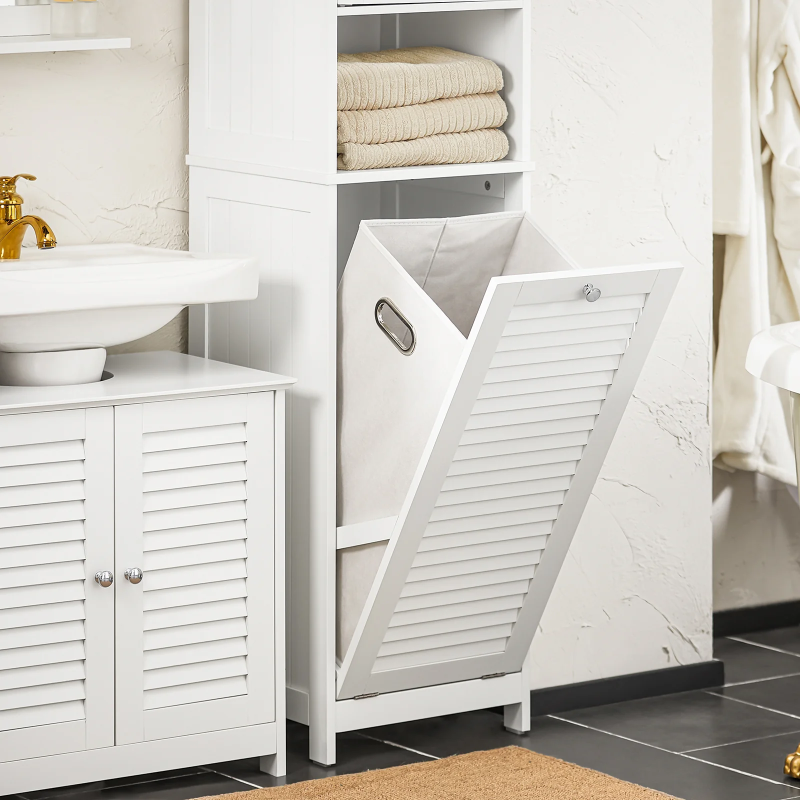 SoBuy BZR124-W Badkamer Kolomkast - Badkamerkast - Hoge Kast - Staande Kolomkast met 1 Deur, 1 Lade en 1 Uitneembare Wasmand - Image 10