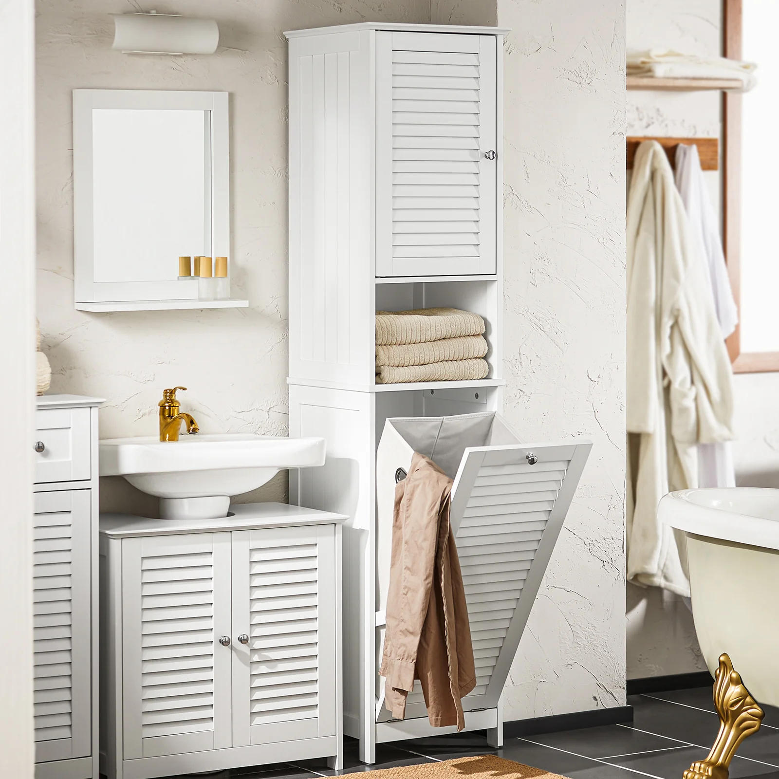 SoBuy BZR124-W Badkamer Kolomkast - Badkamerkast - Hoge Kast - Staande Kolomkast met 1 Deur, 1 Lade en 1 Uitneembare Wasmand - Image 3
