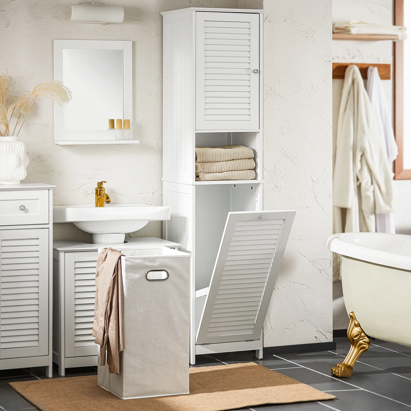 SoBuy BZR124-W Badkamer Kolomkast - Badkamerkast - Hoge Kast - Staande Kolomkast met 1 Deur, 1 Lade en 1 Uitneembare Wasmand - Image 4