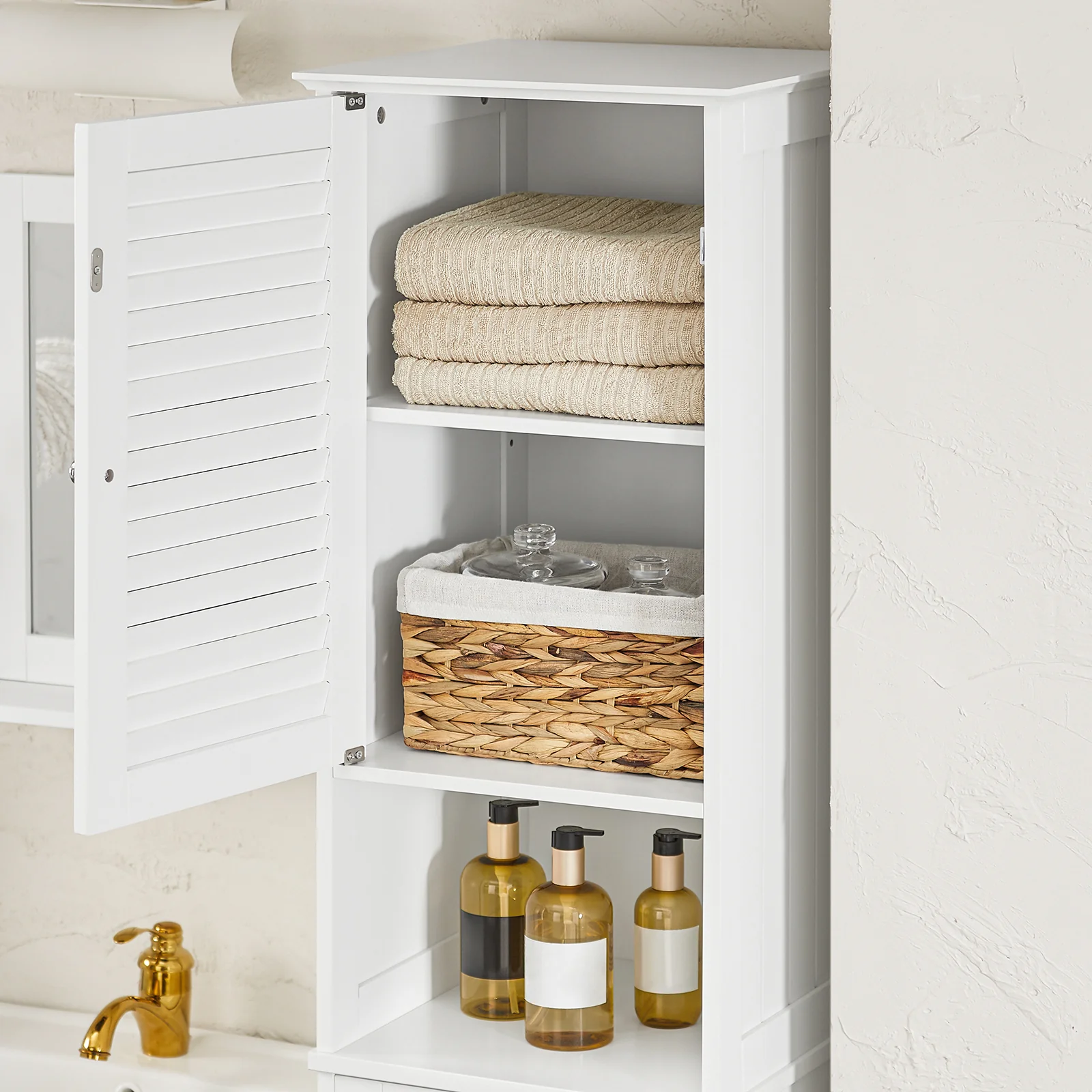 SoBuy BZR124-W Badkamer Kolomkast - Badkamerkast - Hoge Kast - Staande Kolomkast met 1 Deur, 1 Lade en 1 Uitneembare Wasmand - Image 6