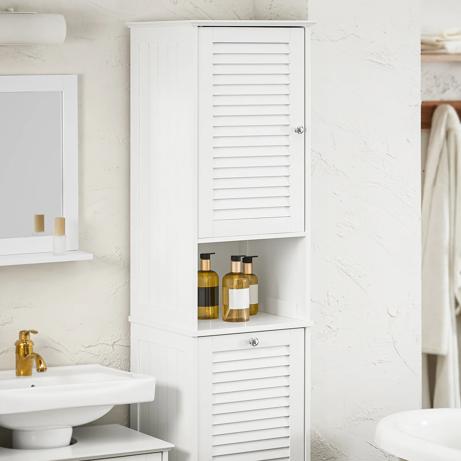 SoBuy BZR124-W Badkamer Kolomkast - Badkamerkast - Hoge Kast - Staande Kolomkast met 1 Deur, 1 Lade en 1 Uitneembare Wasmand - Image 8