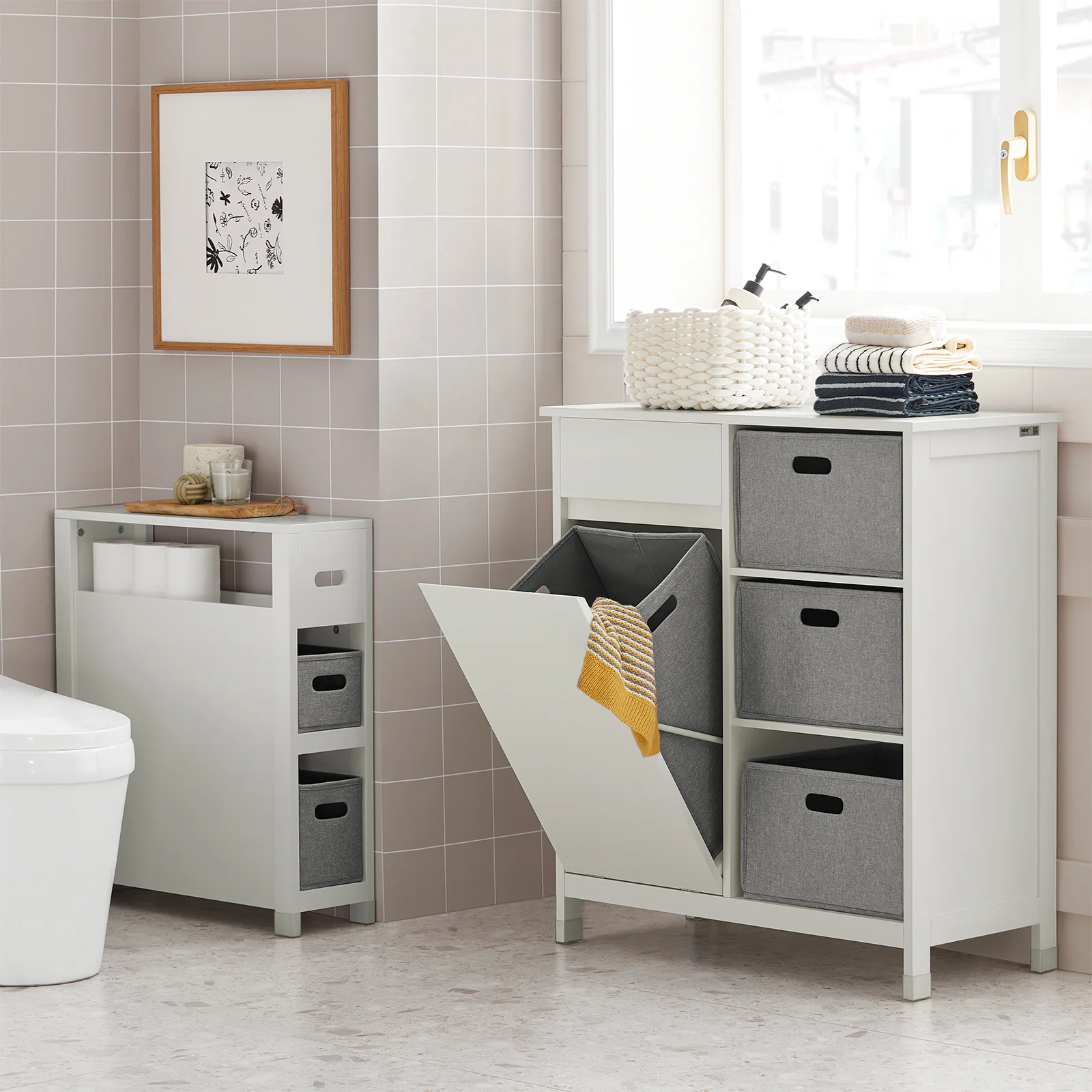 SoBuy BZR77-W Badkamerkast met Kantelbare Wasmand, Badkamermeubel met Waskast, Lage Kast, Staande Kast - Image 3