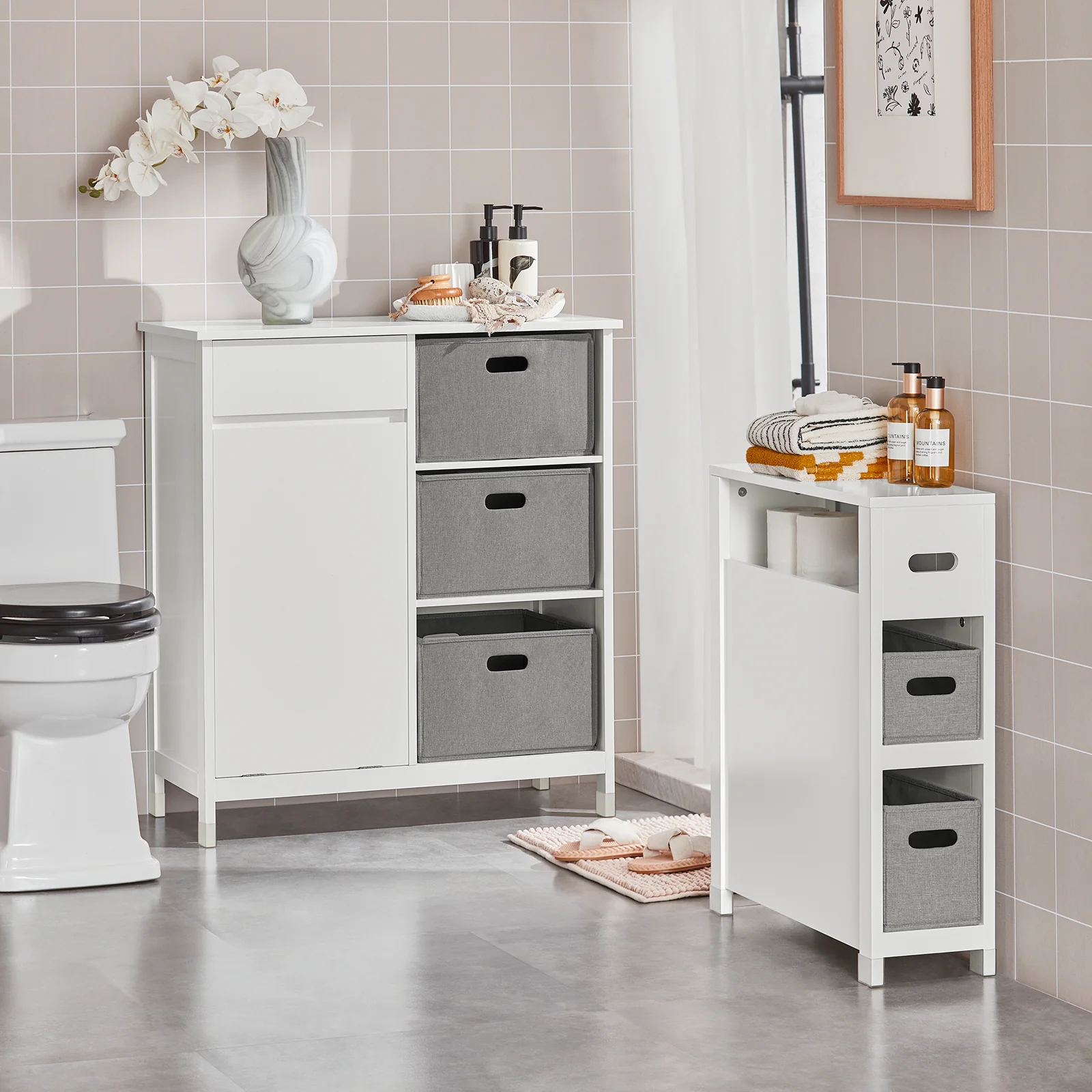 SoBuy BZR77-W Badkamerkast met Kantelbare Wasmand, Badkamermeubel met Waskast, Lage Kast, Staande Kast - Image 4