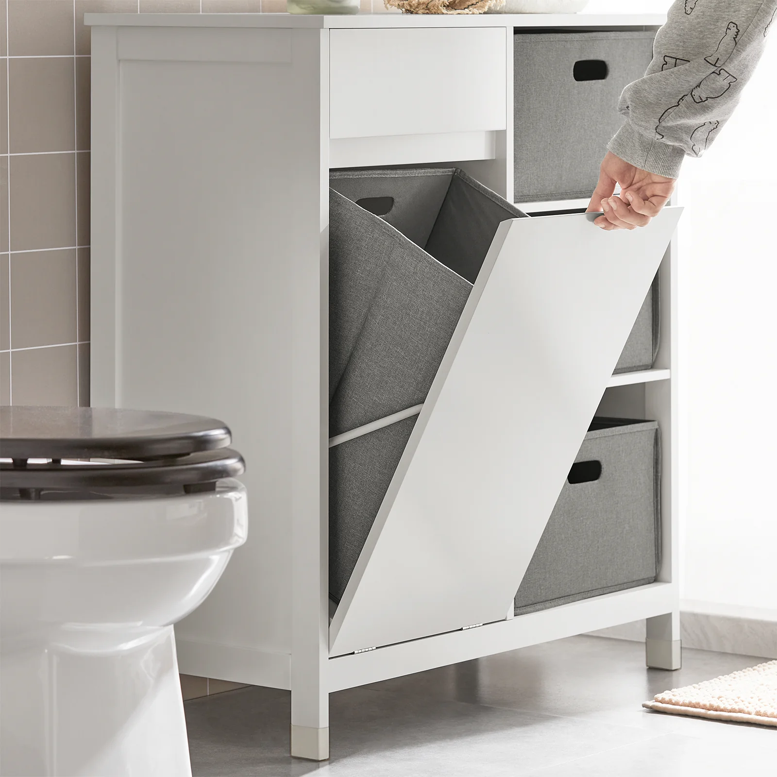 SoBuy BZR77-W Badkamerkast met Kantelbare Wasmand, Badkamermeubel met Waskast, Lage Kast, Staande Kast - Image 9