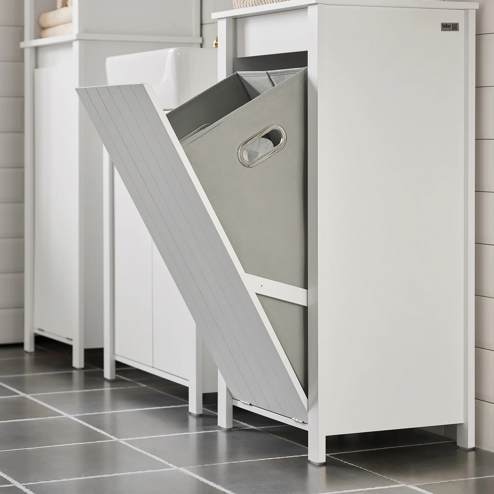 SoBuy BZR100-W Badkamerkast, Lage Kast, Smal Badkamerkastje, Halfhoge Opbergkast, Opbergplank, Badkamermeubel met 1 Kantelbare Wasmand - Image 7