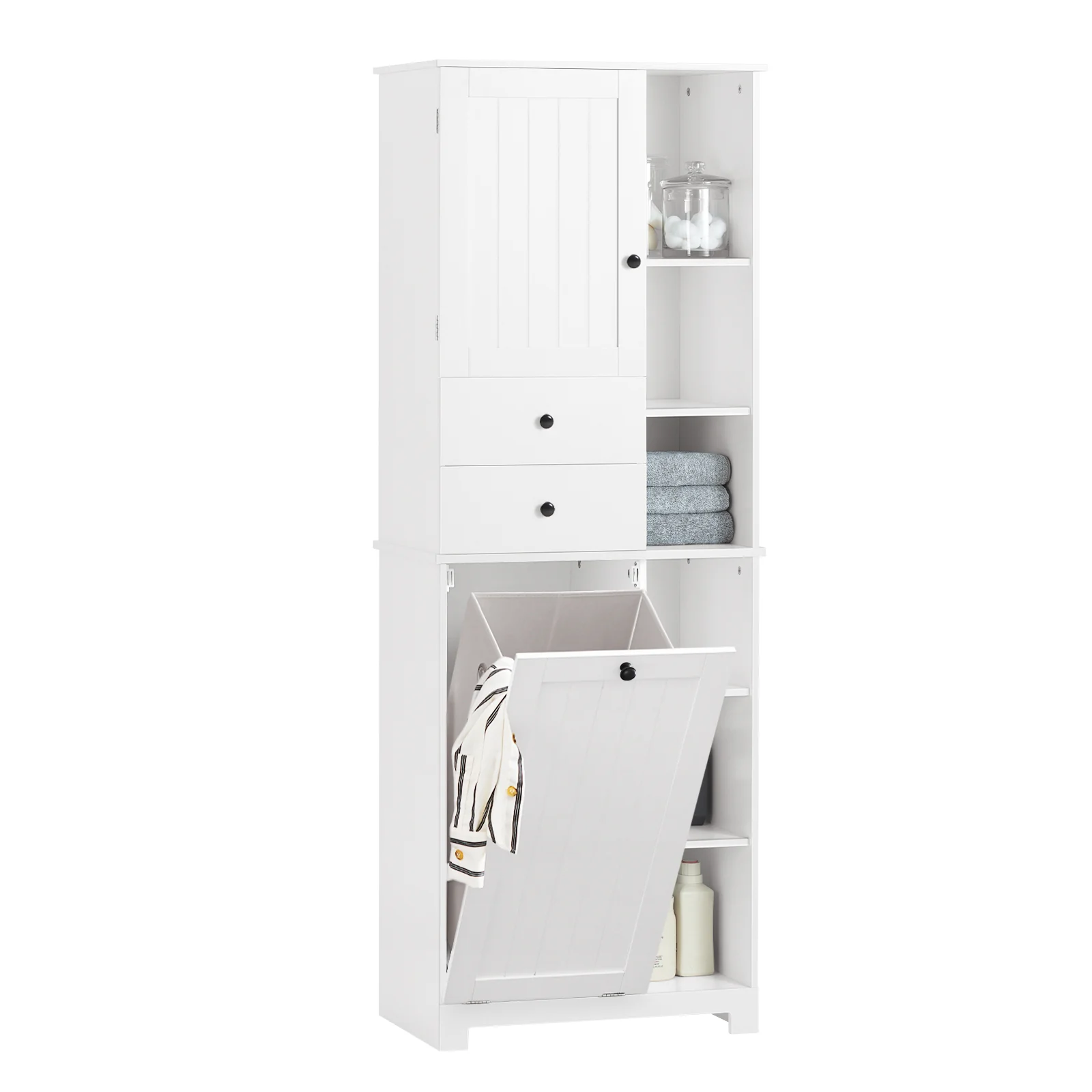SoBuy BZR104-W Hoge Badkamerkast met Wasmand Slanke Vrijstaande Badkamerkast, Smal Opbergmeubel met Planken, Handdoekenrek, Wit 60x37x171 cm