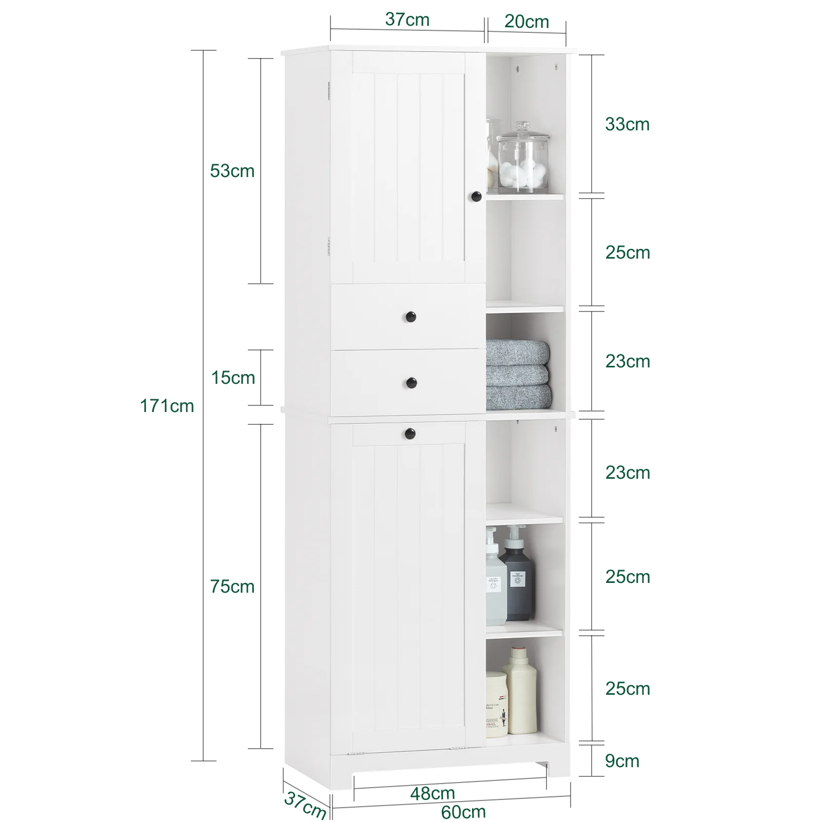 SoBuy BZR104-W Hoge Badkamerkast met Wasmand Slanke Vrijstaande Badkamerkast, Smal Opbergmeubel met Planken, Handdoekenrek, Wit 60x37x171 cm - Image 5