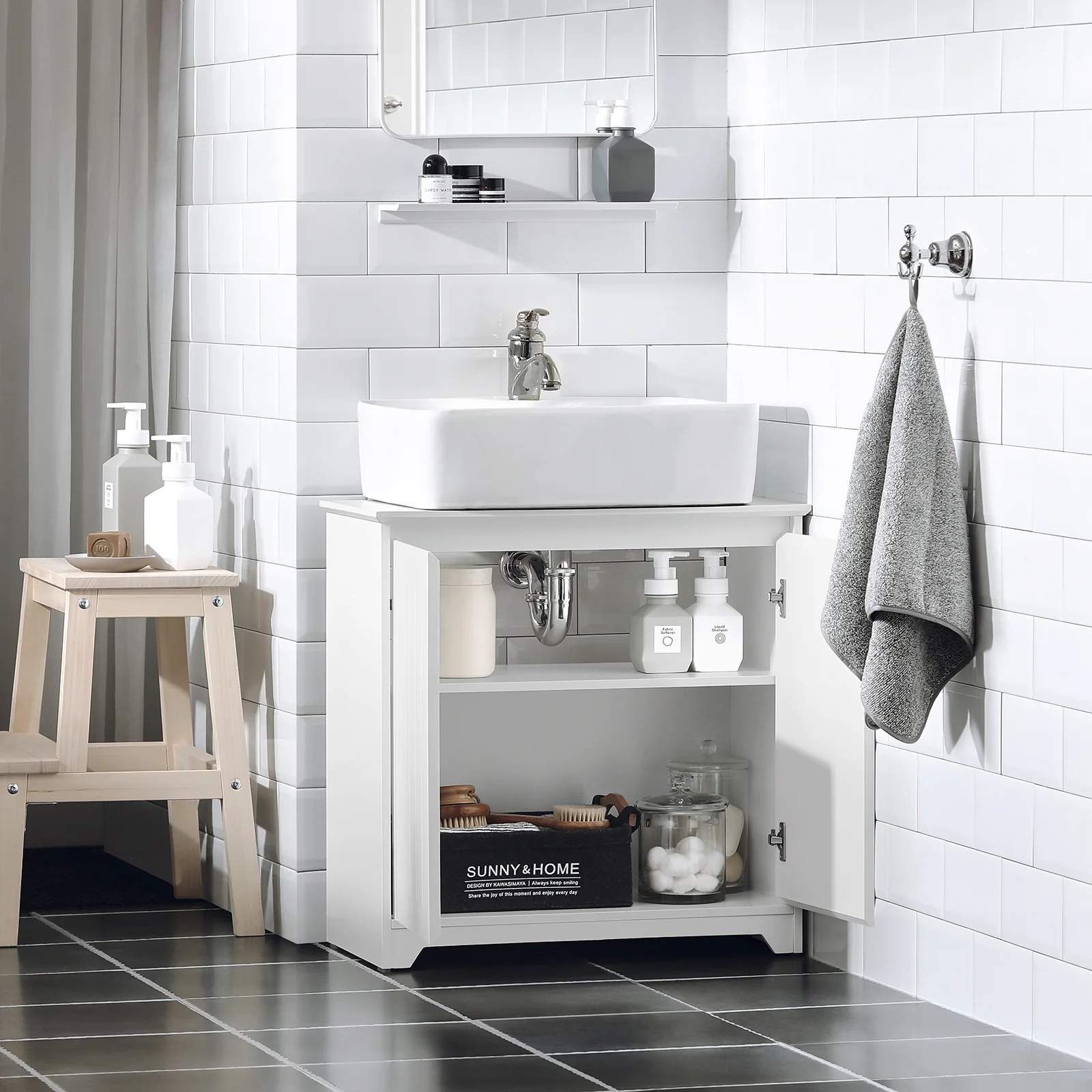 SoBuy BZR108-W Wastafel Onderkast - Wastafelmeubel - Badkamerkast - Badkamer Onderkast - Wastafelkast met 2 Deuren - Image 3