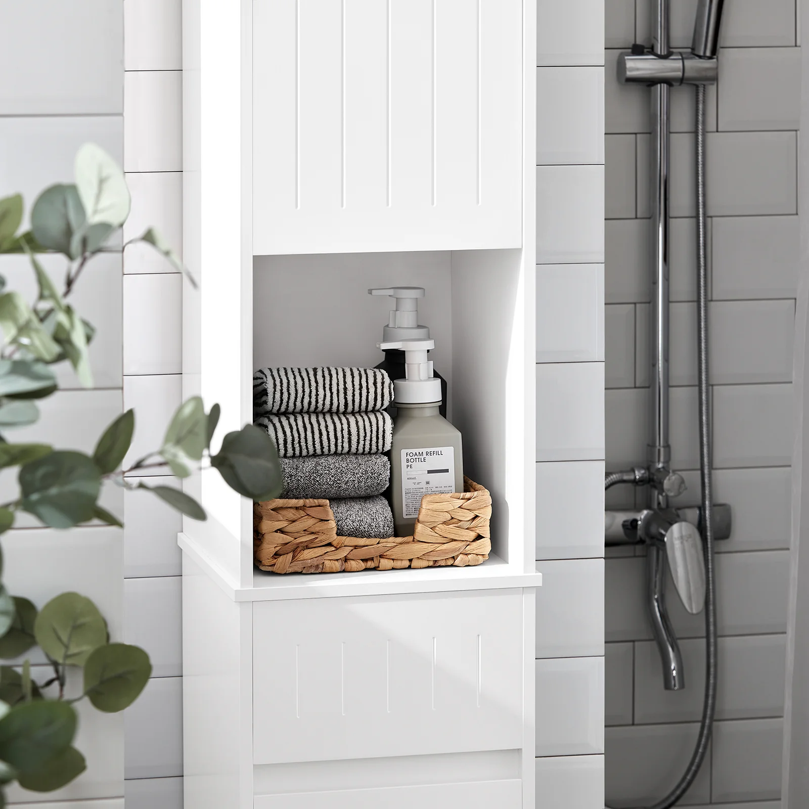 SoBuy BZR109-W Badkamer Kolomkast - Badkamerkast met Kantelbare Wasmand - Hoge Kast - Staande Kolomkast - Image 6