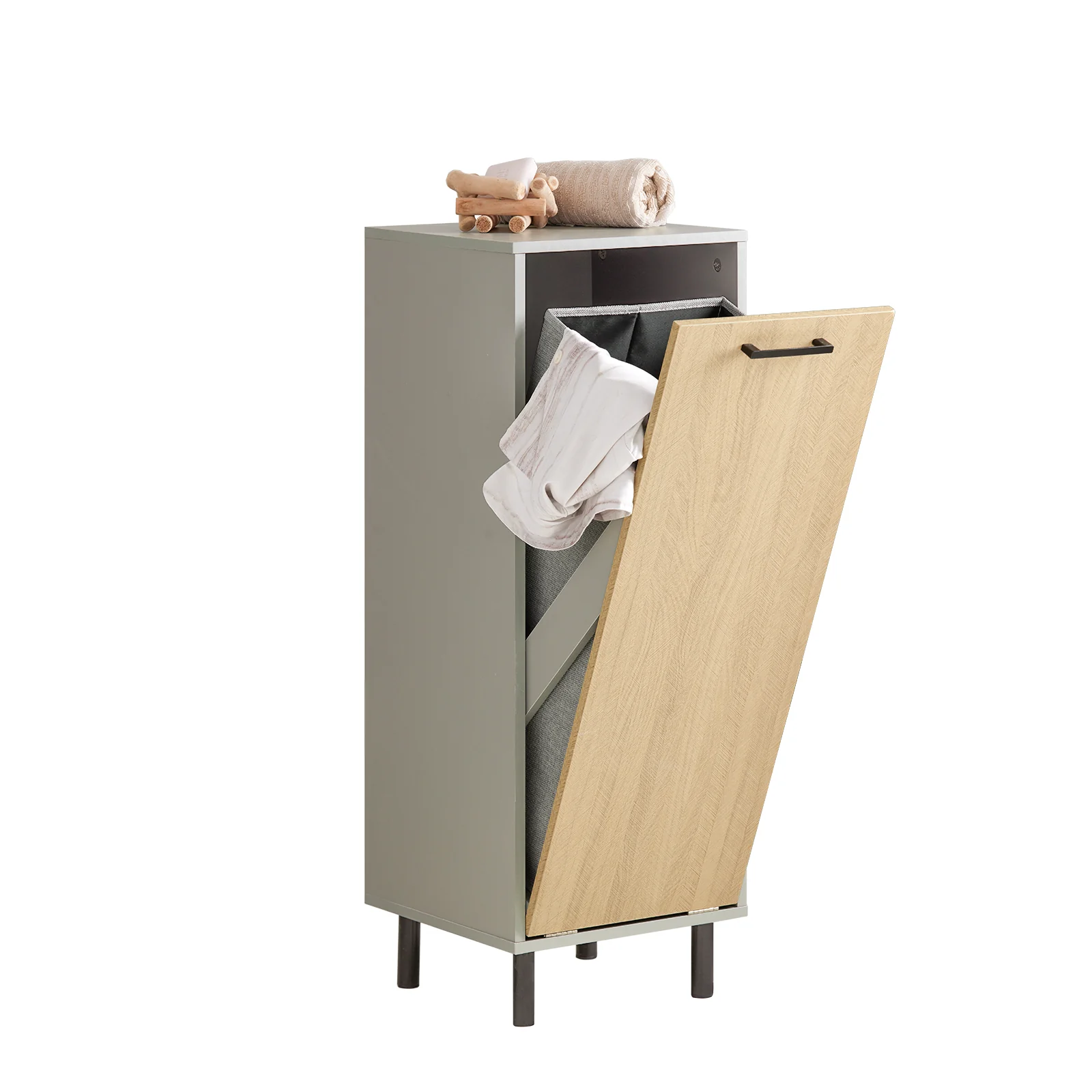 SoBuy BZR132-NG Smalle Badkamerkast met Uittrekbare Wasmand – Houten Badmeubel met Metalen Poten, Verwijderbare Wasmand, Natuurgrijs, 31,5x86x30cm