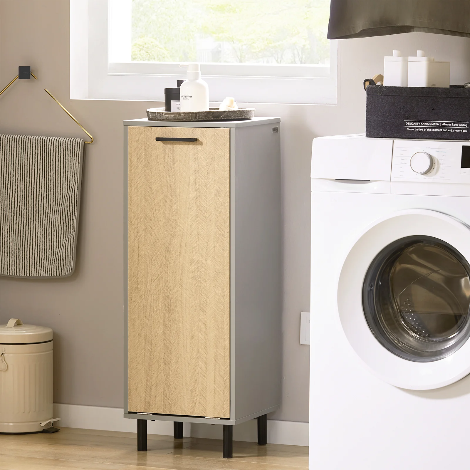 SoBuy BZR132-NG Smalle Badkamerkast met Uittrekbare Wasmand – Houten Badmeubel met Metalen Poten, Verwijderbare Wasmand, Natuurgrijs, 31,5x86x30cm - Image 3