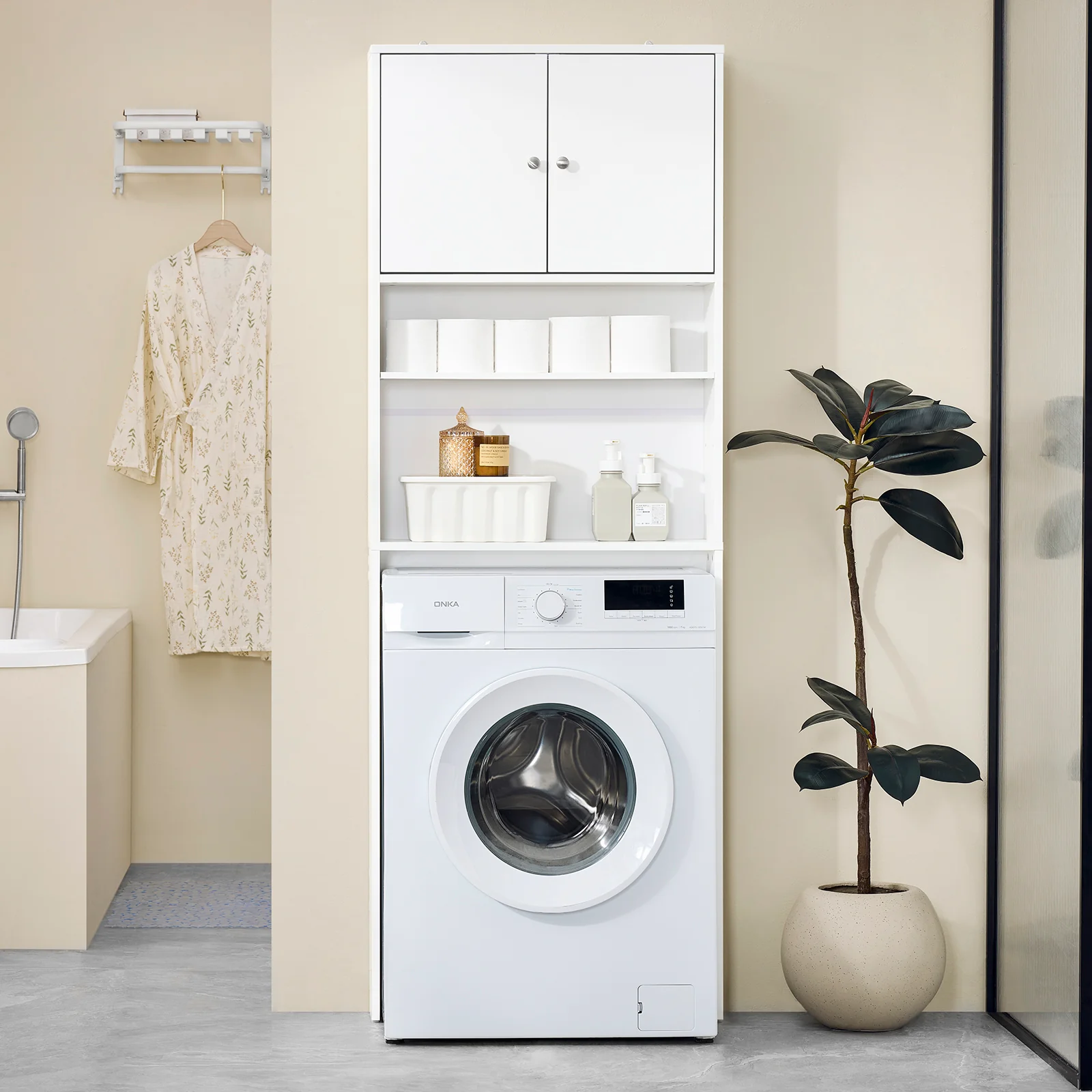 SoBuy BZR165-W Badkamer Meubel Kolomkast Opslag WC Kast met Deuren en 3 Verstelbare Planken, Witte Opbergkast Boven WC of Wasmachine 65x182x20cm - Image 2