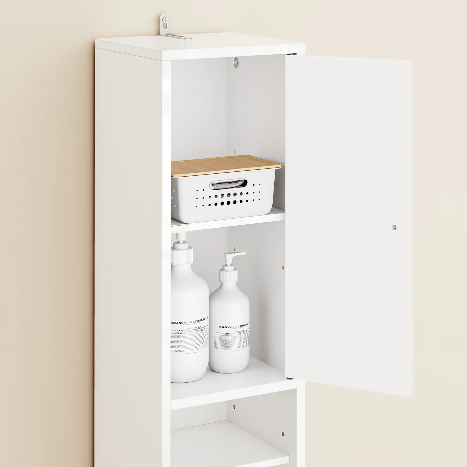SoBuy Hoge badkamerkast met 5 vakken, badkamerrek met 1 lade en deuren, hoogglans, Wit, 20x180x20cm, BZR167-GW - Image 13