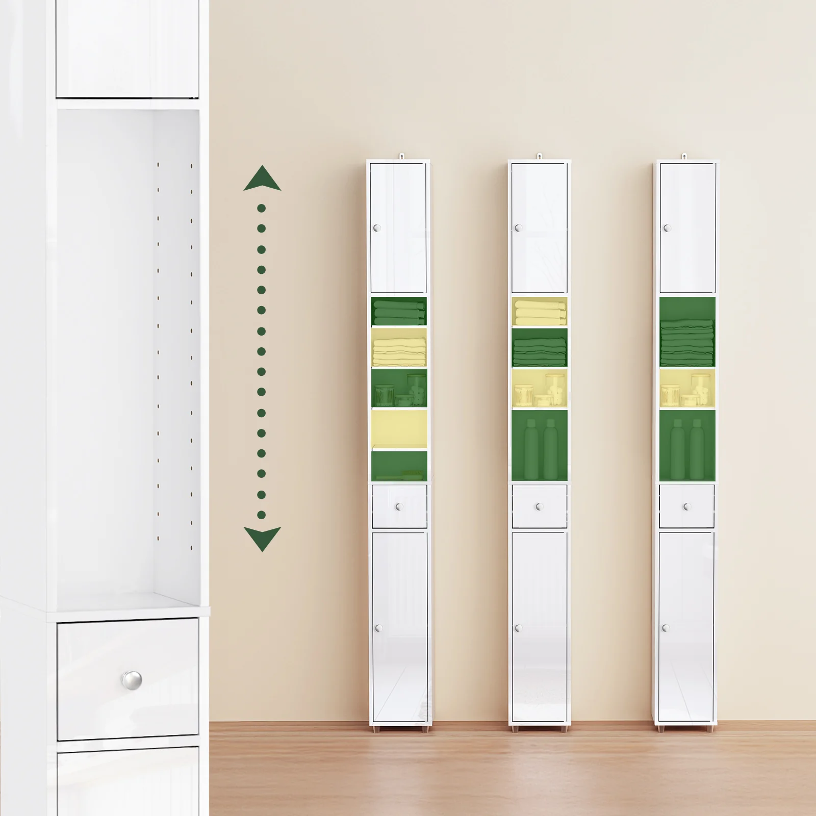 SoBuy Hoge badkamerkast met 5 vakken, badkamerrek met 1 lade en deuren, hoogglans, Wit, 20x180x20cm, BZR167-GW - Image 8