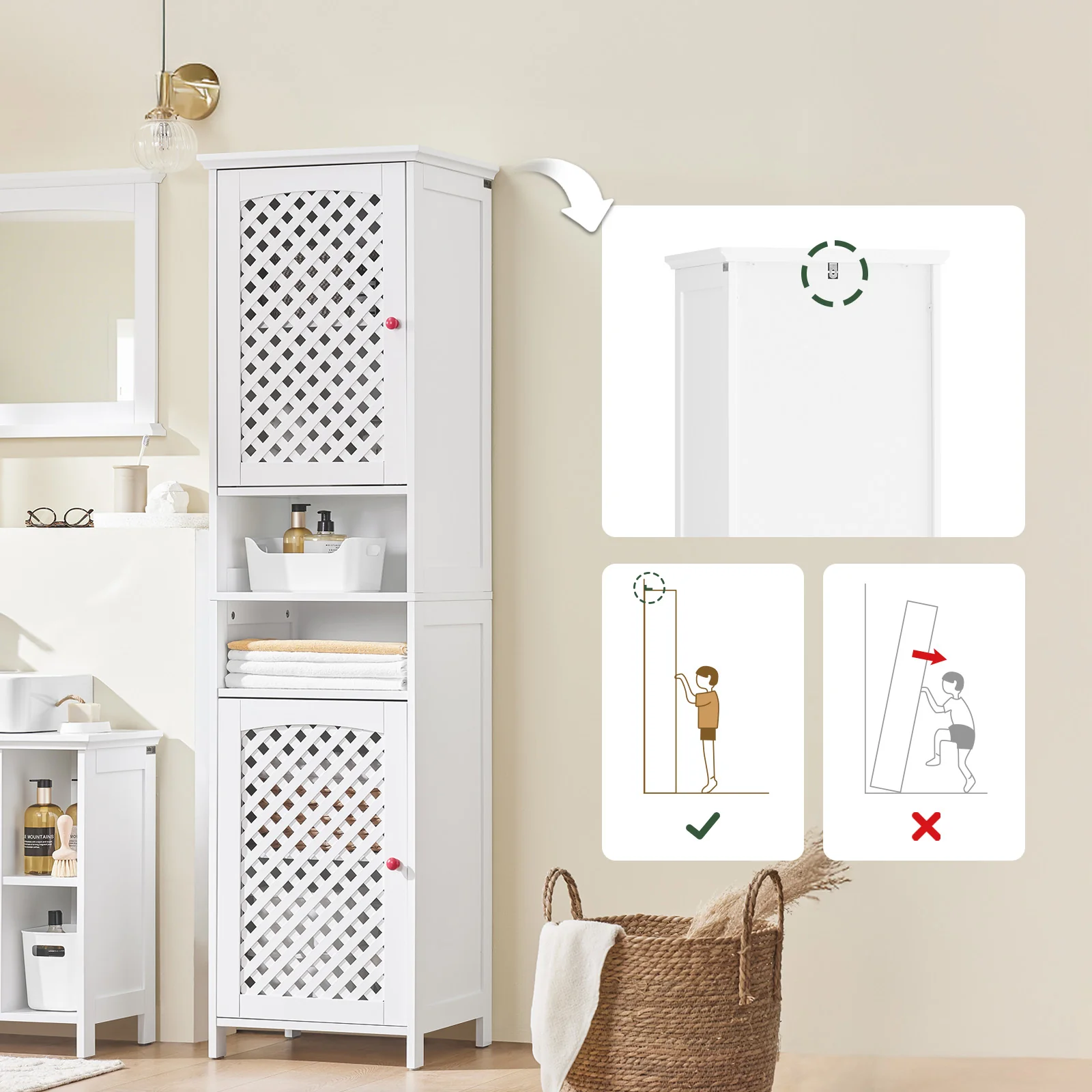 SoBuy BZR209-W Hoge badkamerzuil met 2 deuren en open planken – opbergkast voor badkamer, kast van MDF E1, maximale belasting 60 kg, 45 x 41,5 x 170 cm - Image 3