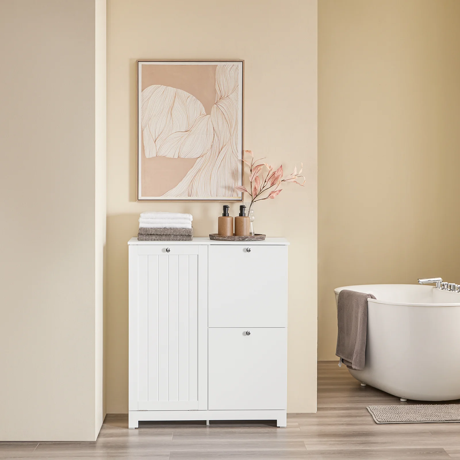 Pre-order SoBuy BZR213-W Badkamermeubel met 3 wasmanden, smalle opbergzuil, 78 x 38 x 90 cm, met 1 grote geïntegreerde mand en 2 afneembare stoffen manden, ruimtebesparende badkamerkast - Image 2