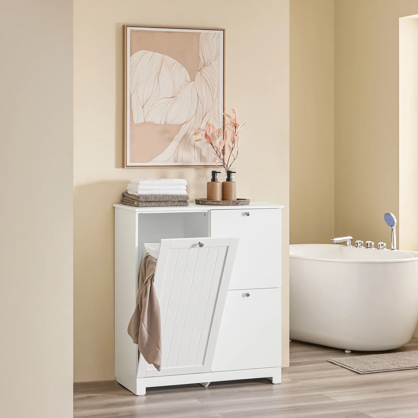 Pre-order SoBuy BZR213-W Badkamermeubel met 3 wasmanden, smalle opbergzuil, 78 x 38 x 90 cm, met 1 grote geïntegreerde mand en 2 afneembare stoffen manden, ruimtebesparende badkamerkast - Image 3