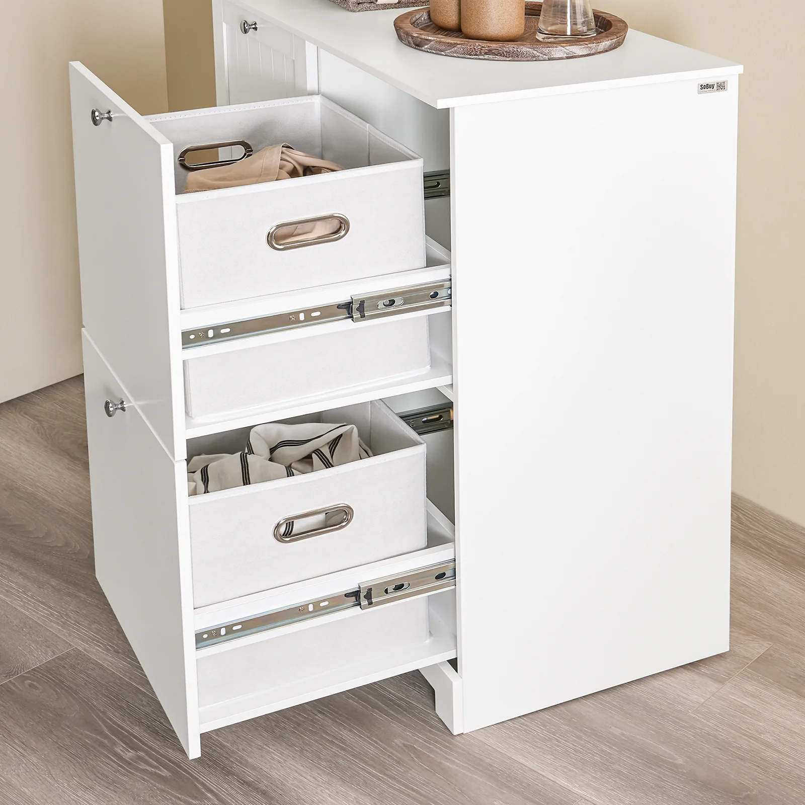 Pre-order SoBuy BZR213-W Badkamermeubel met 3 wasmanden, smalle opbergzuil, 78 x 38 x 90 cm, met 1 grote geïntegreerde mand en 2 afneembare stoffen manden, ruimtebesparende badkamerkast - Image 6