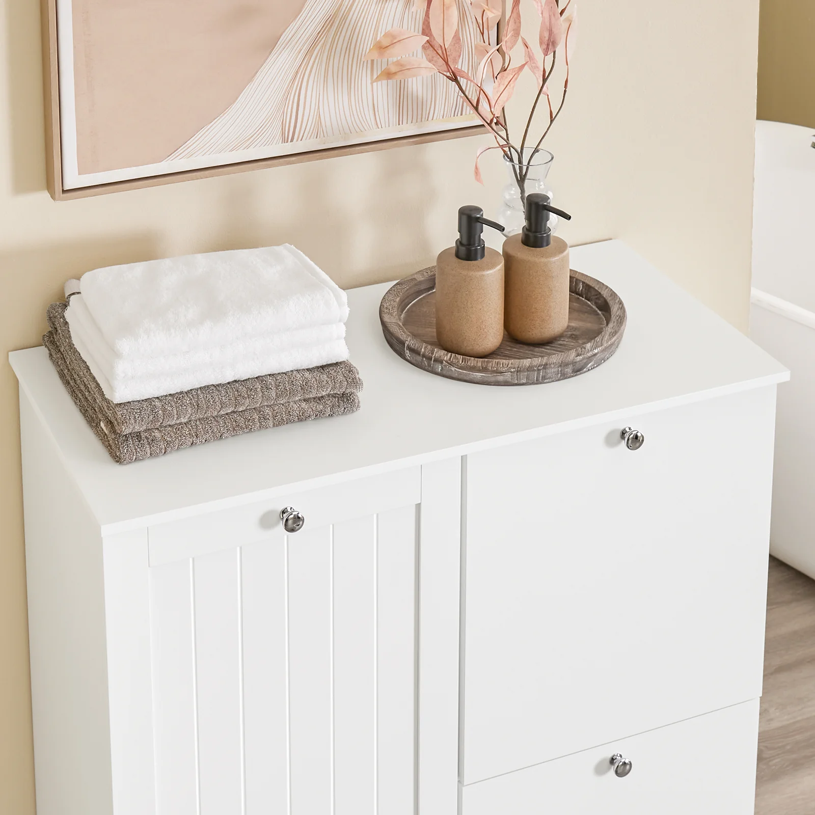 Pre-order SoBuy BZR213-W Badkamermeubel met 3 wasmanden, smalle opbergzuil, 78 x 38 x 90 cm, met 1 grote geïntegreerde mand en 2 afneembare stoffen manden, ruimtebesparende badkamerkast - Image 9