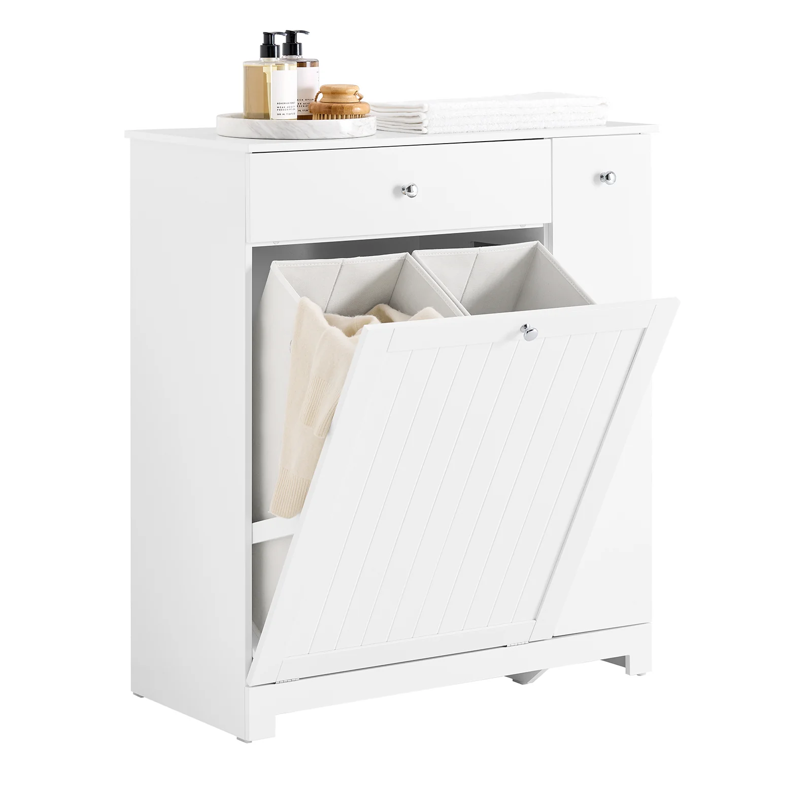 Pre-order SoBuy BZR214-W Badkamermeubel met wasmand, opbergzuil met 1 lade en schuifvak, waterdichte badkamerkast 78 x 38 x 90,3 cm, ideaal voor toilet, wastafel, toilet