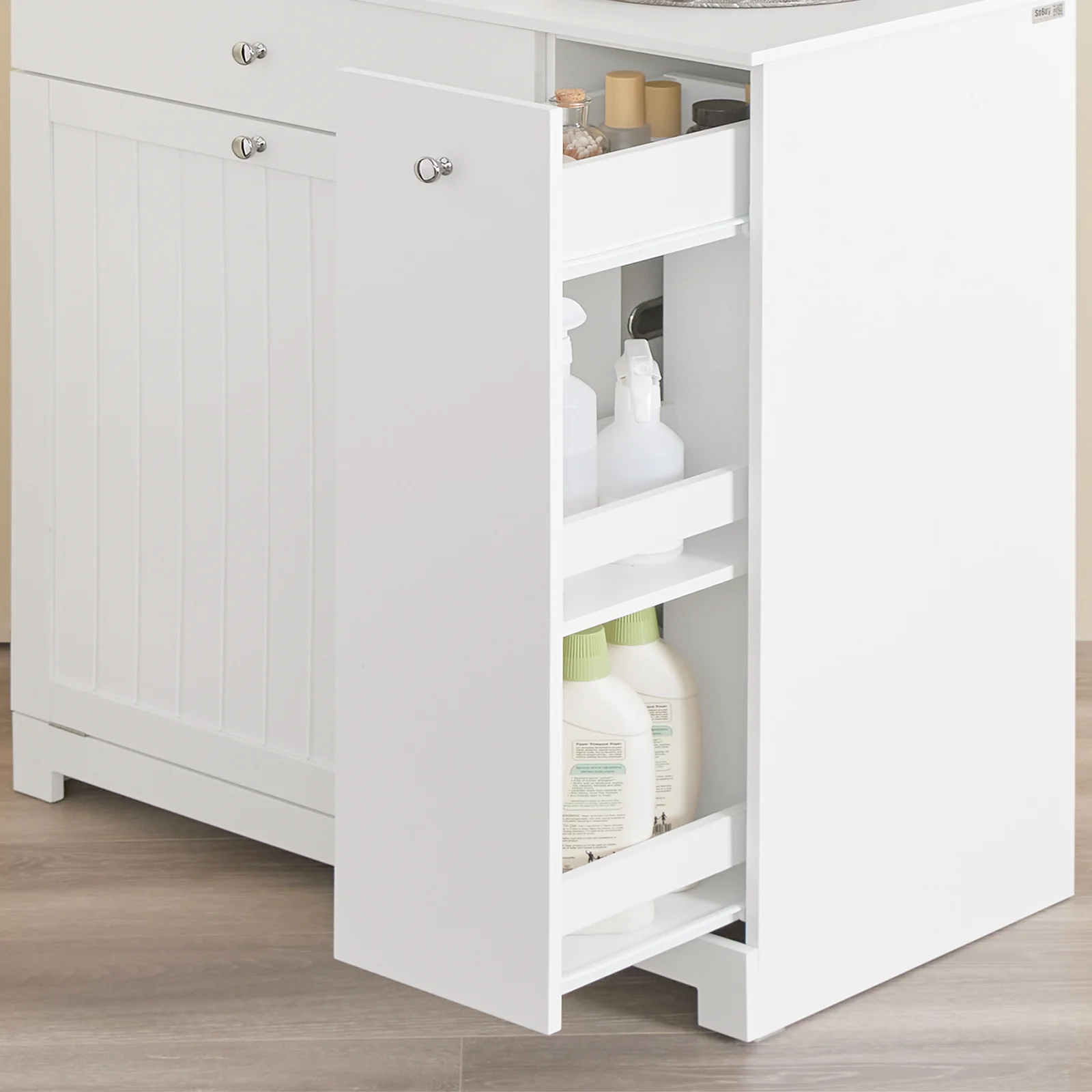 Pre-order SoBuy BZR214-W Badkamermeubel met wasmand, opbergzuil met 1 lade en schuifvak, waterdichte badkamerkast 78 x 38 x 90,3 cm, ideaal voor toilet, wastafel, toilet - Image 11