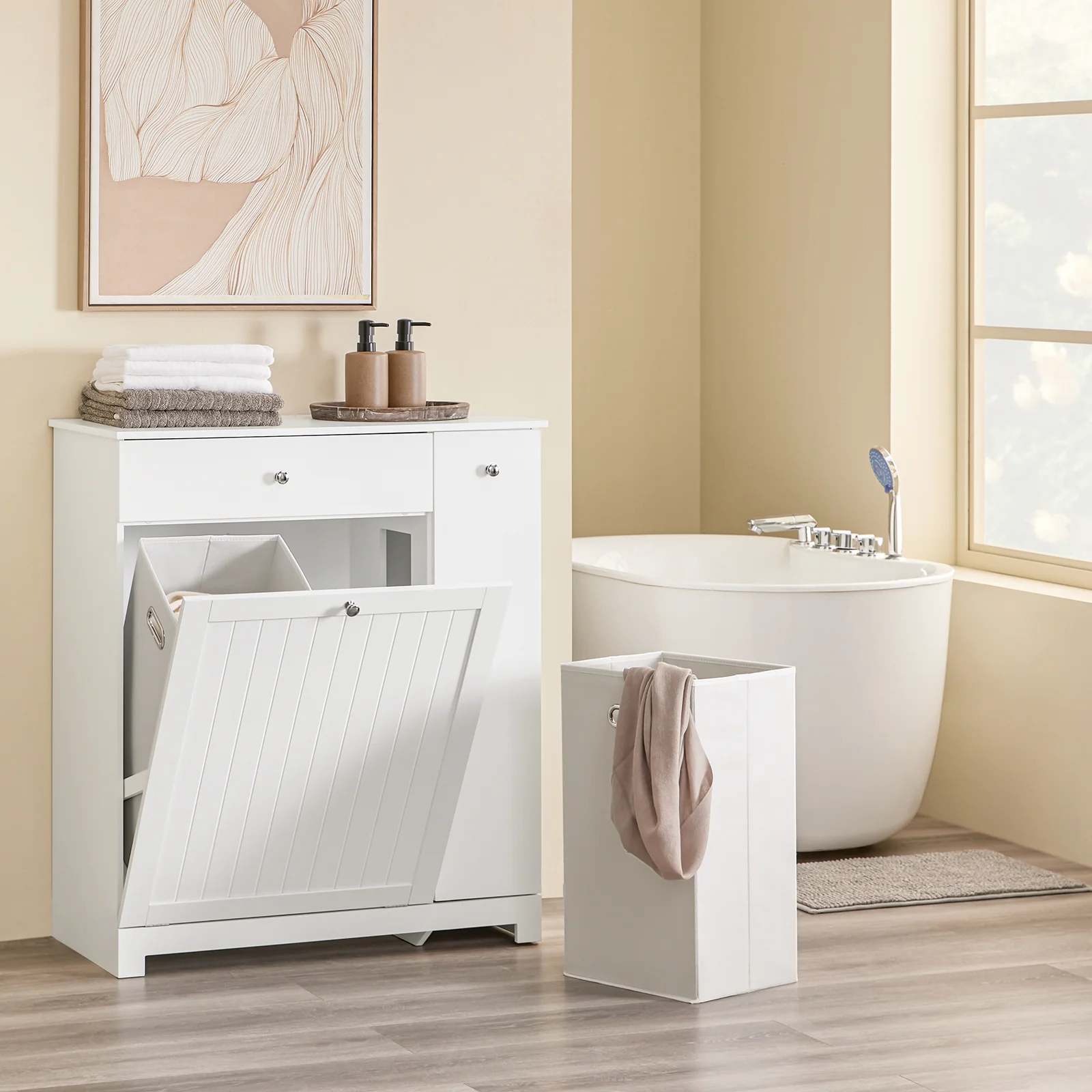 Pre-order SoBuy BZR214-W Badkamermeubel met wasmand, opbergzuil met 1 lade en schuifvak, waterdichte badkamerkast 78 x 38 x 90,3 cm, ideaal voor toilet, wastafel, toilet - Image 3