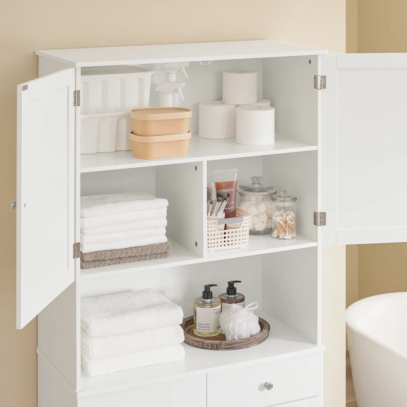 SoBuy BZR215-W Badkamerzuil met 2 wasmanden en 2 laden, badkamerkast, hoog, 78 x 38 x 181 cm, gesloten kast met open plank, opbergkast, ruimtebesparend, voor toilet - Image 10