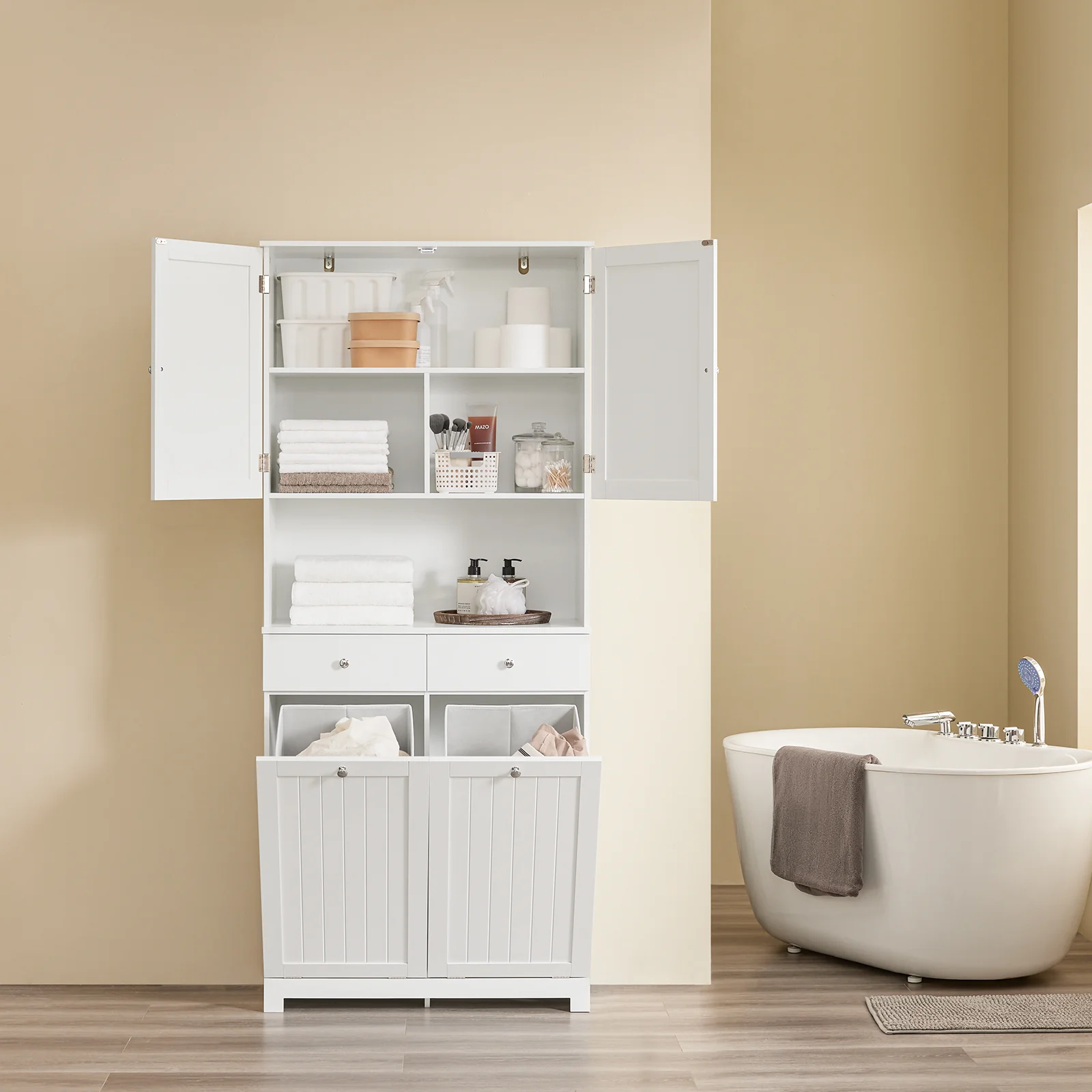 SoBuy BZR215-W Badkamerzuil met 2 wasmanden en 2 laden, badkamerkast, hoog, 78 x 38 x 181 cm, gesloten kast met open plank, opbergkast, ruimtebesparend, voor toilet - Image 3
