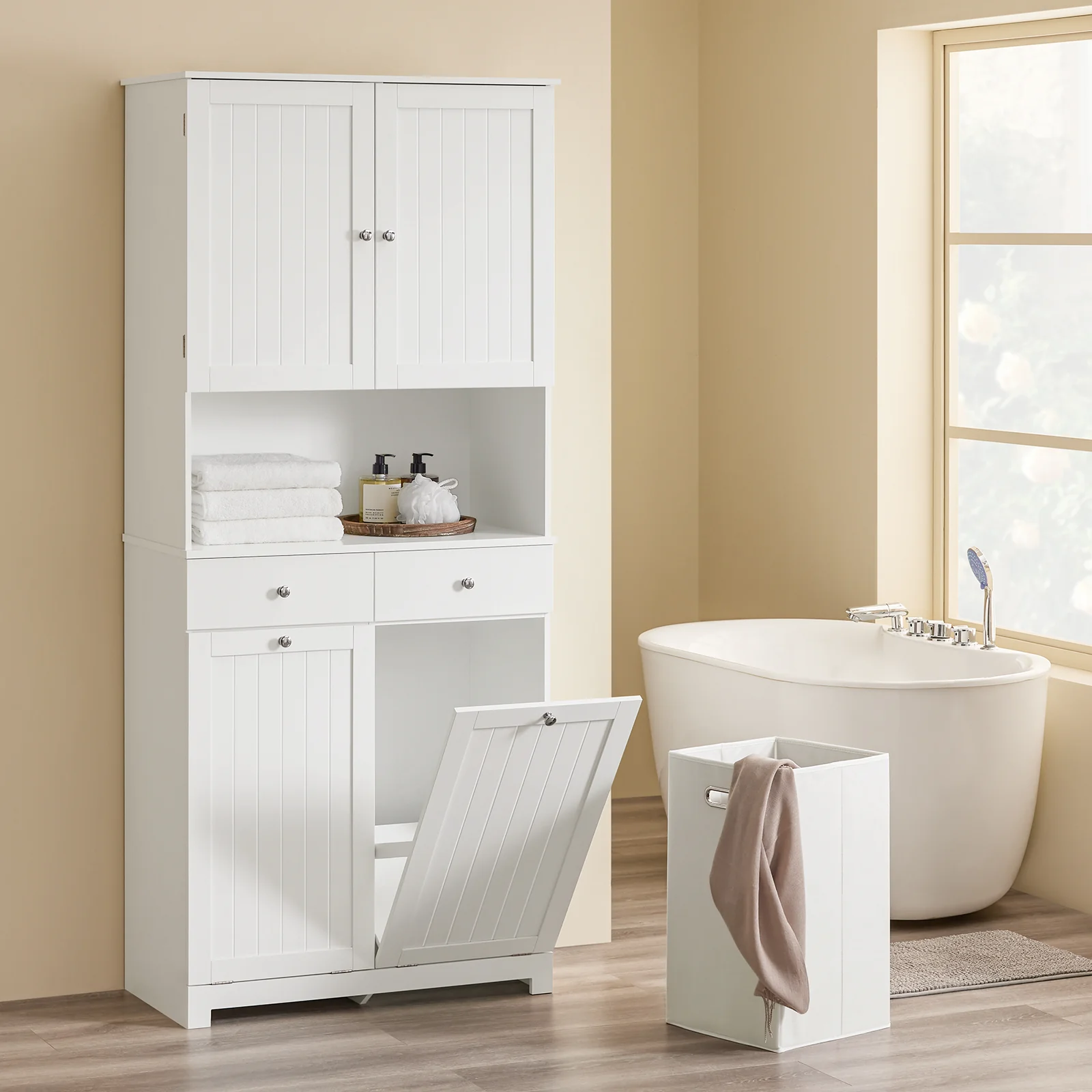 SoBuy BZR215-W Badkamerzuil met 2 wasmanden en 2 laden, badkamerkast, hoog, 78 x 38 x 181 cm, gesloten kast met open plank, opbergkast, ruimtebesparend, voor toilet - Image 4