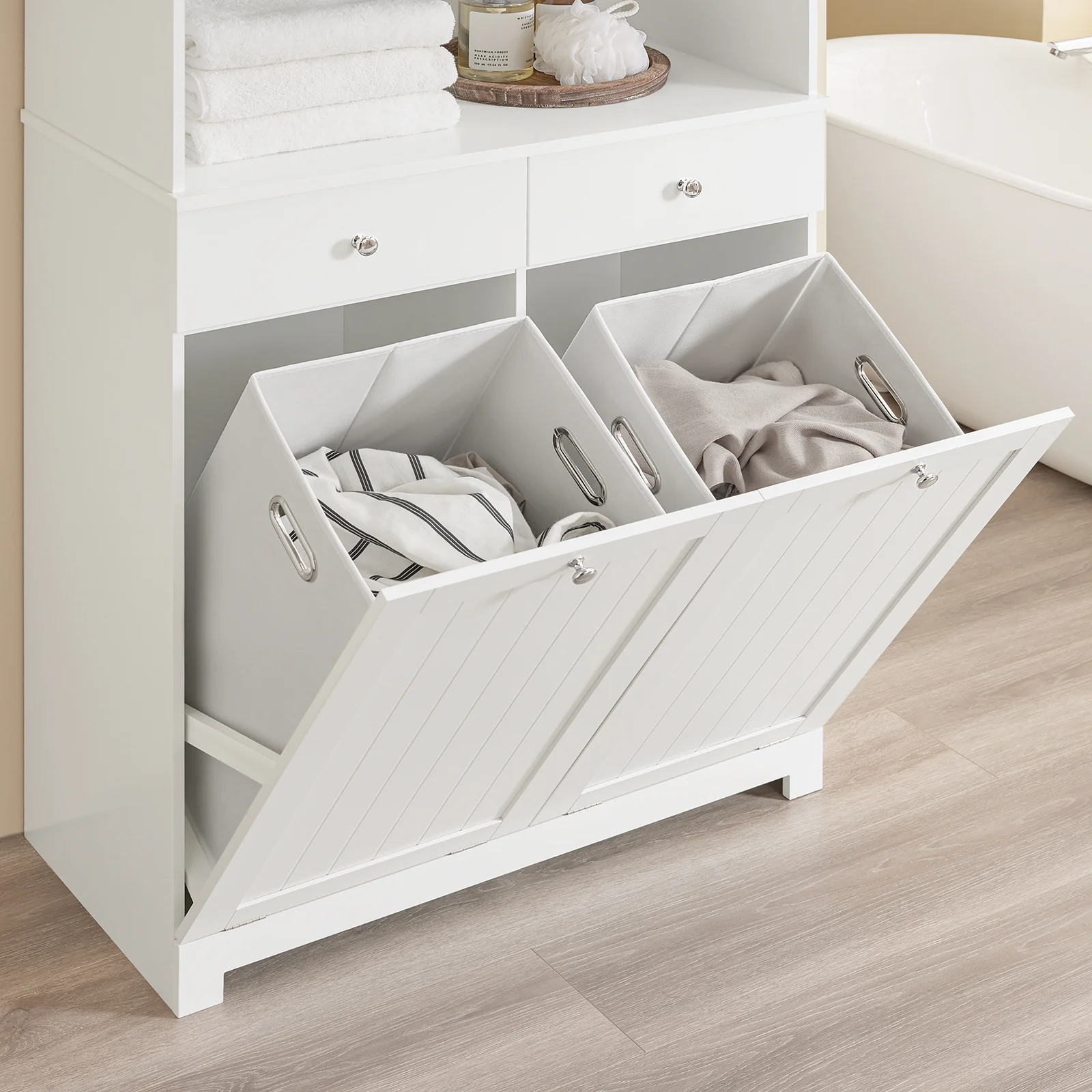 SoBuy BZR215-W Badkamerzuil met 2 wasmanden en 2 laden, badkamerkast, hoog, 78 x 38 x 181 cm, gesloten kast met open plank, opbergkast, ruimtebesparend, voor toilet - Image 6