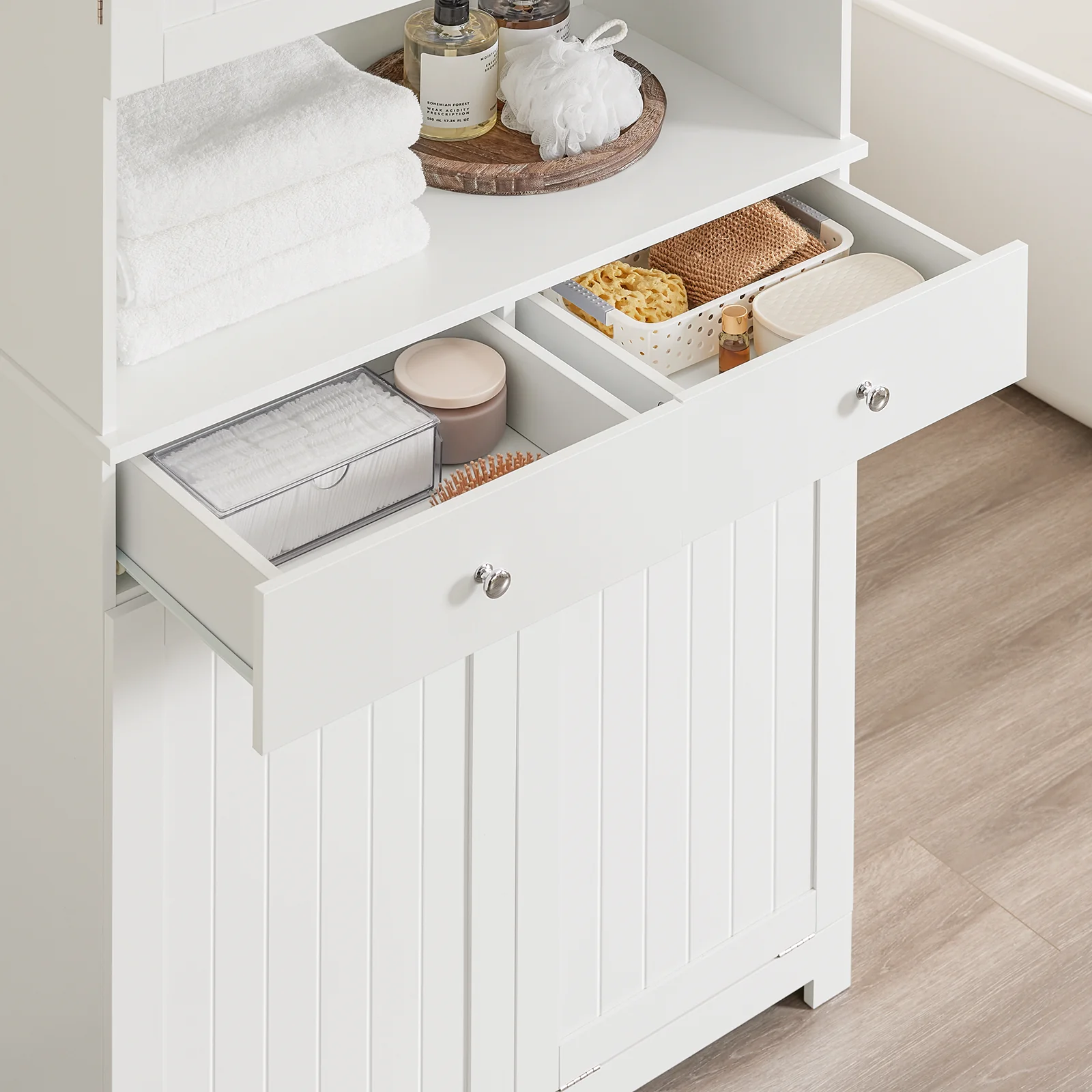 SoBuy BZR215-W Badkamerzuil met 2 wasmanden en 2 laden, badkamerkast, hoog, 78 x 38 x 181 cm, gesloten kast met open plank, opbergkast, ruimtebesparend, voor toilet - Image 9