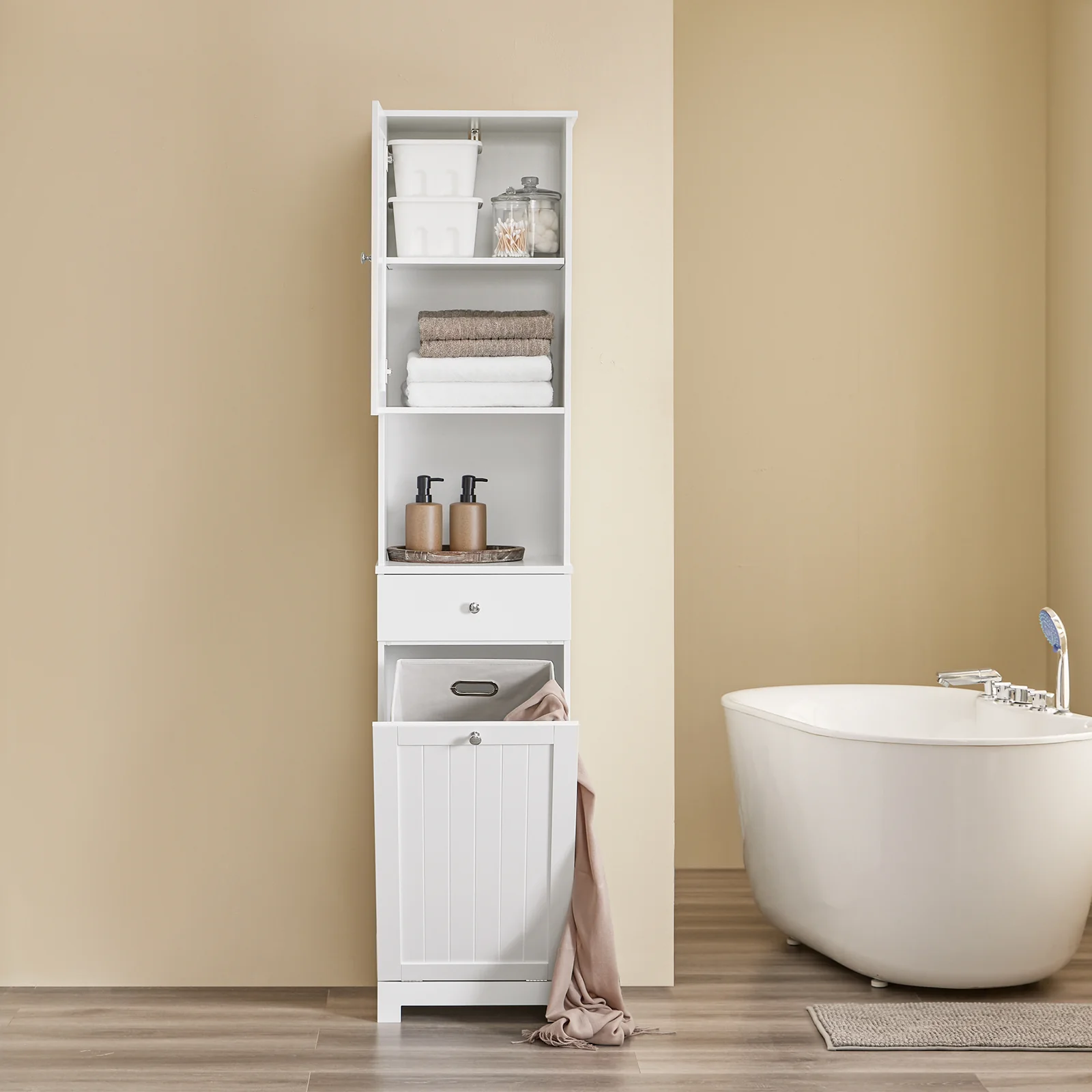 SoBuy BZR216-W Badkamerzuil met wasmand, badkamermeubel, 40 x 38 x 180 cm, met lade en verstelbare plank, kleine opbergkast, ruimtebesparend, ideaal voor toilet, toilet - Image 3