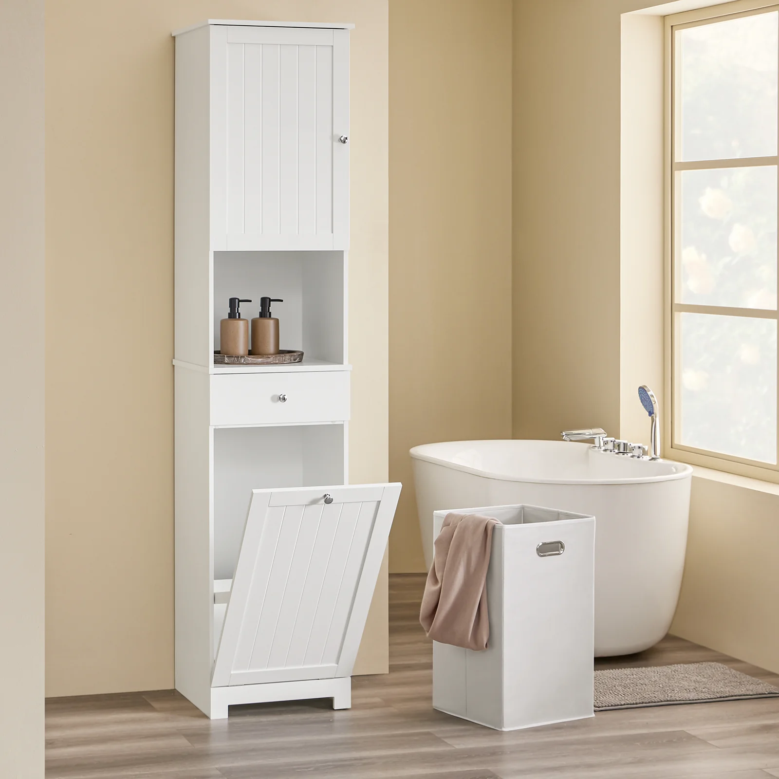 SoBuy BZR216-W Badkamerzuil met wasmand, badkamermeubel, 40 x 38 x 180 cm, met lade en verstelbare plank, kleine opbergkast, ruimtebesparend, ideaal voor toilet, toilet - Image 4