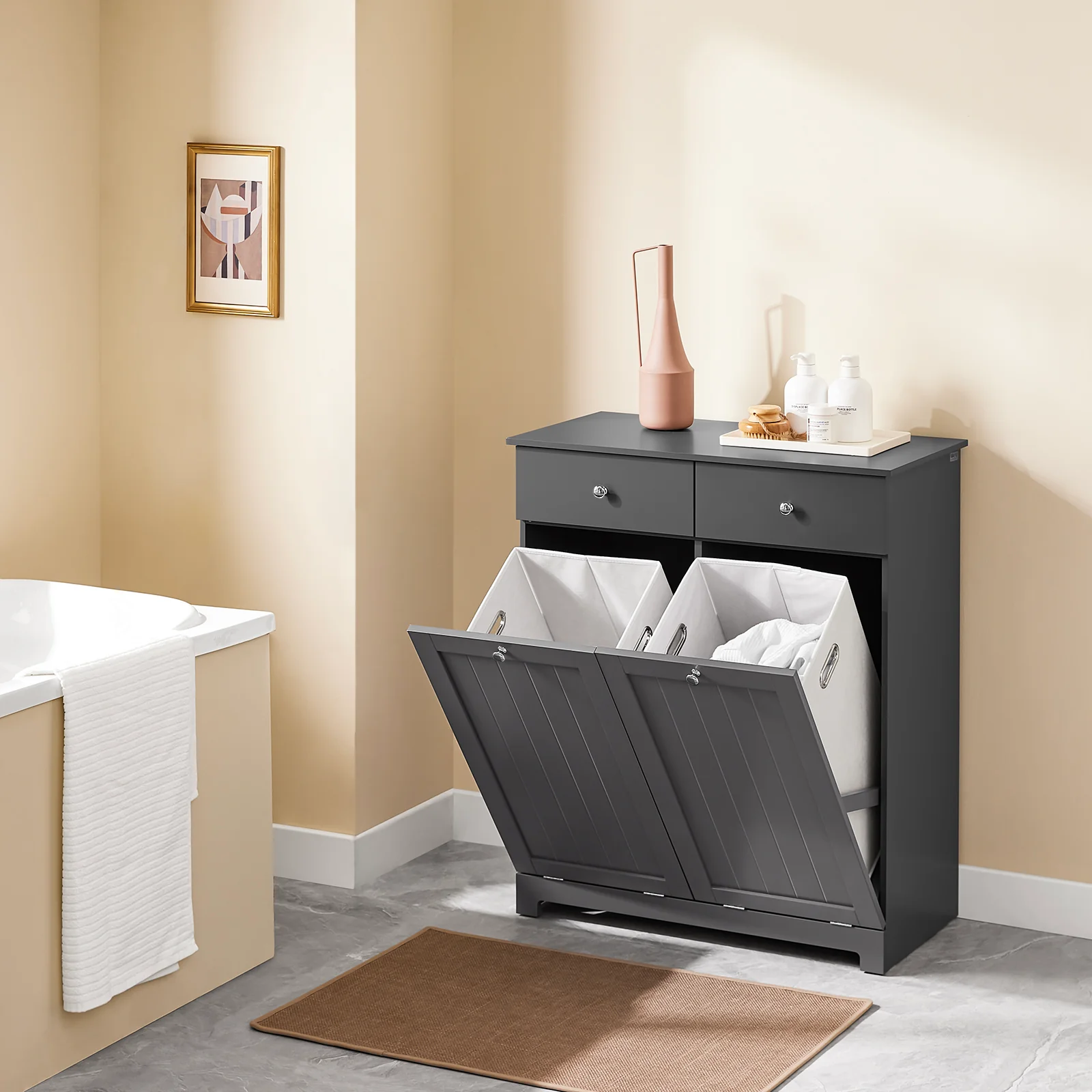 SoBuy BZR33-II-DG Badkamerkastmet Wasmanden - Opbergkast, Lage Kast met 2 Lades en 2 Verwijderbare Mandjes, Badkameropbergkast, Wasgoedkistin Hout, Grijs, 78x38x90 cm - Image 8
