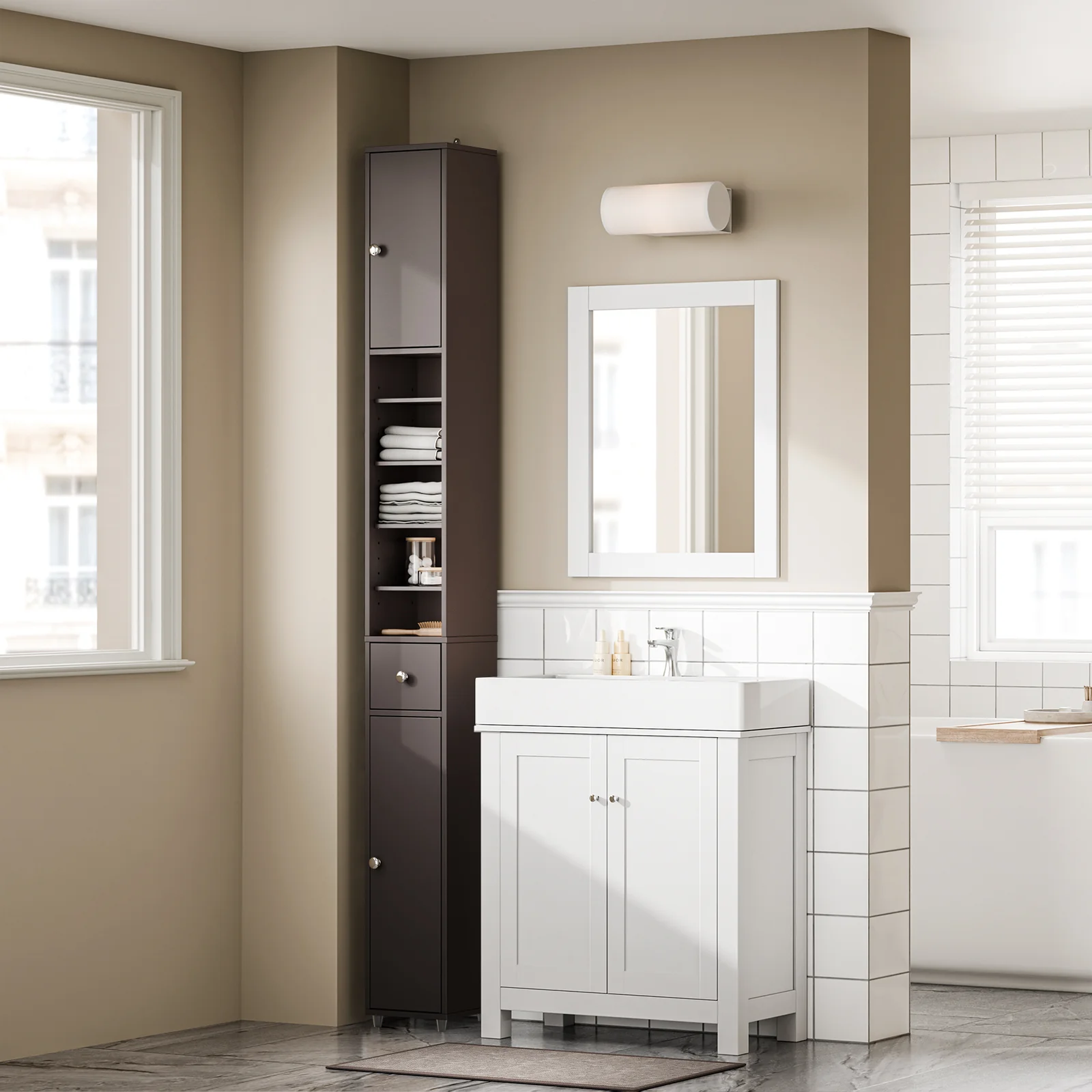 SoBuy BZR34-II-BR Hoge Badkamerkast – Smalle Opbergkast voor Badkamer– Vrijstaand Slank Badkamermeubel, Waterbestendig MDF met Verstelbare Planken en Lade, Donkerbruin, B20 x D20 x H180cm - Image 3