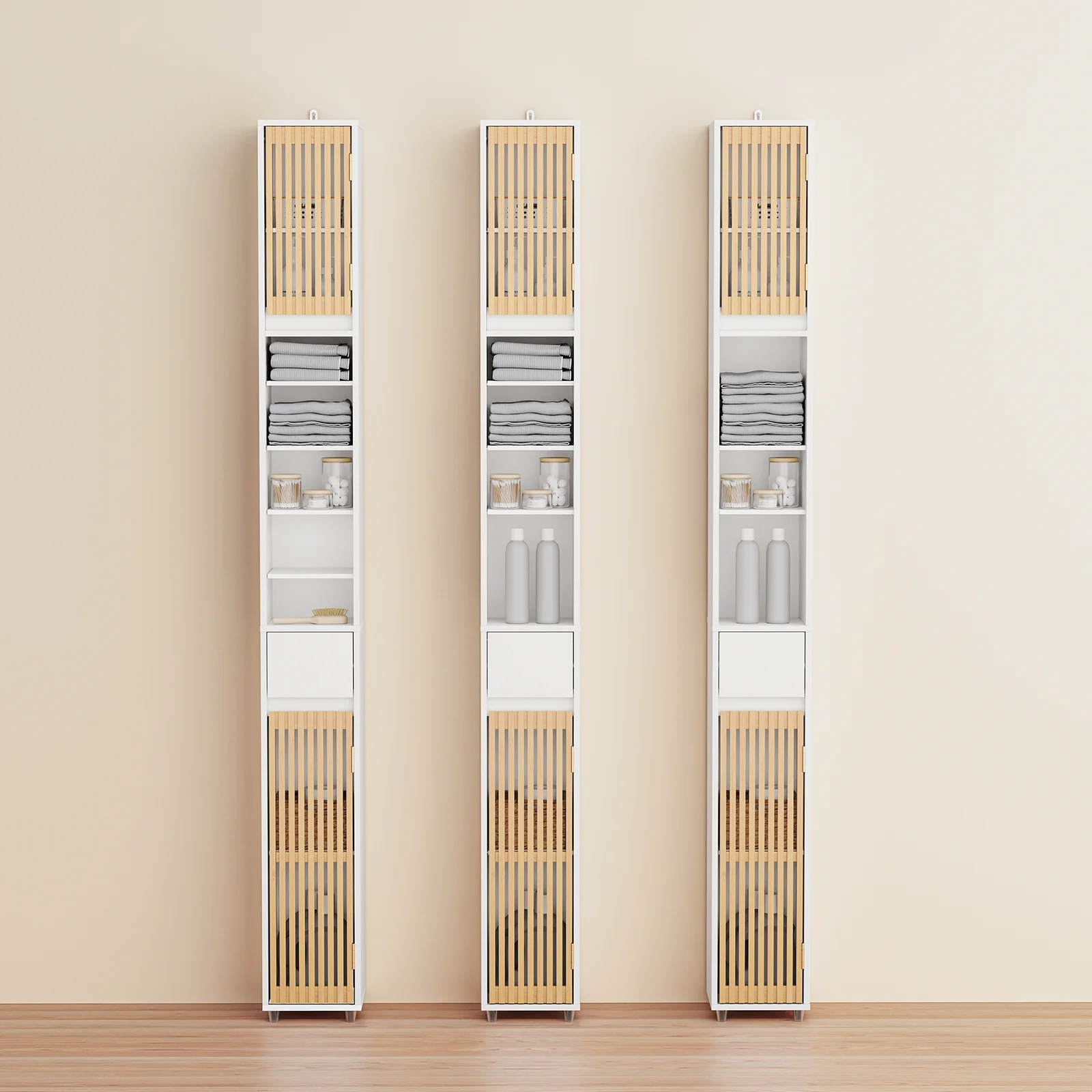 SoBuy BZR34-BW Badkamermeubel, zuil hoge opbergkast, kleine badkamerkast met 6 verstelbare planken, opslag voor kleine houten ruimtes, wit, 20 x 20 x 180 cm - Image 3